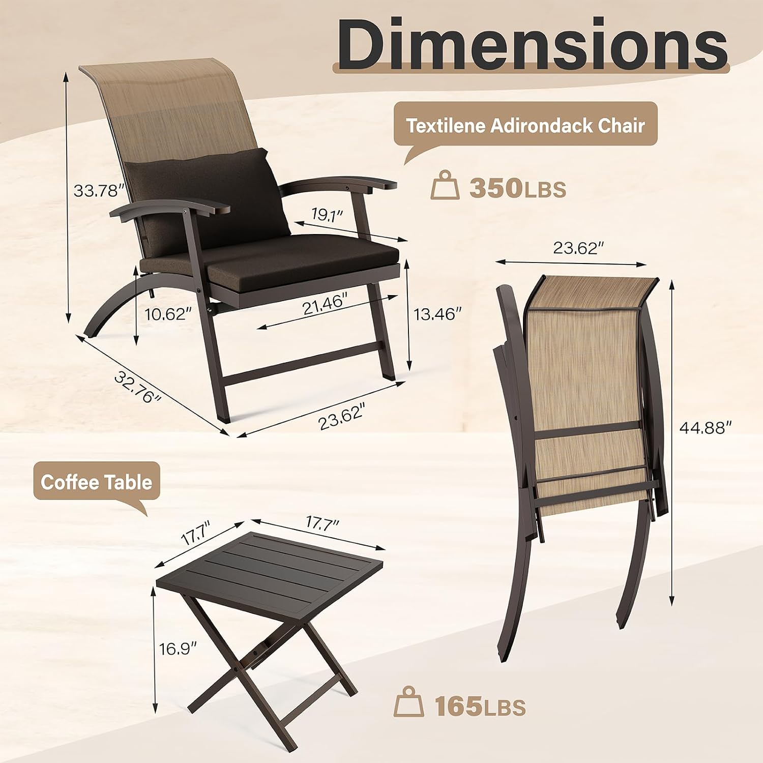 3 Piece Patio Furniture Set with Textilene Fabric,Foldable Patio Chairs Set of 2 with Metal Frame Table,Gift two Cushions, Outdoor Chairs Set for Poolside Balcony Porch Lawn Deck Garden（Brown）