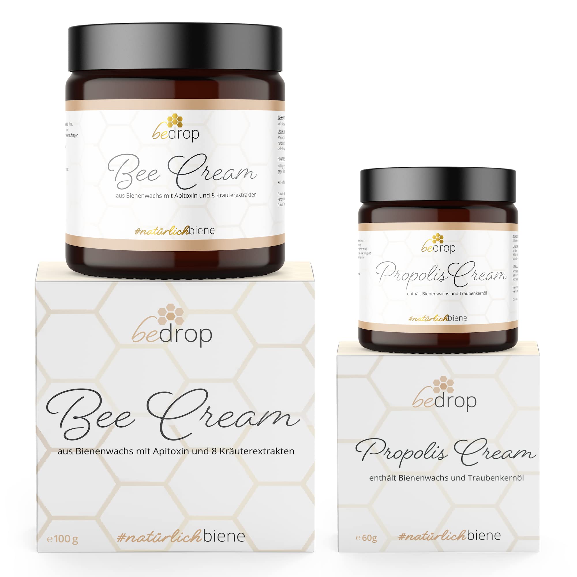 bedrop Creme-Set | Bee Cream (Bienengiftsalbe) 100g + Propolis Cream (Propolis Salbe) 60t im Sparset mit Traubenkernöl & 8 Kräuterextrakten