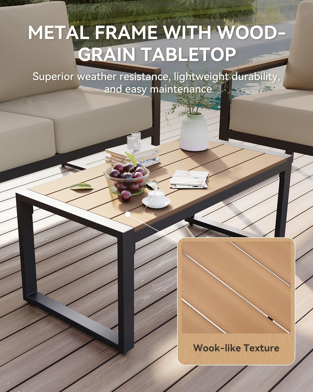 4 Piece Outdoor Patio Furniture with Thick Cushions Modern Metal Outdoor Conversation Sets with Coffee Table for Backyard Porch Balcony Poolside Garden(Beige)