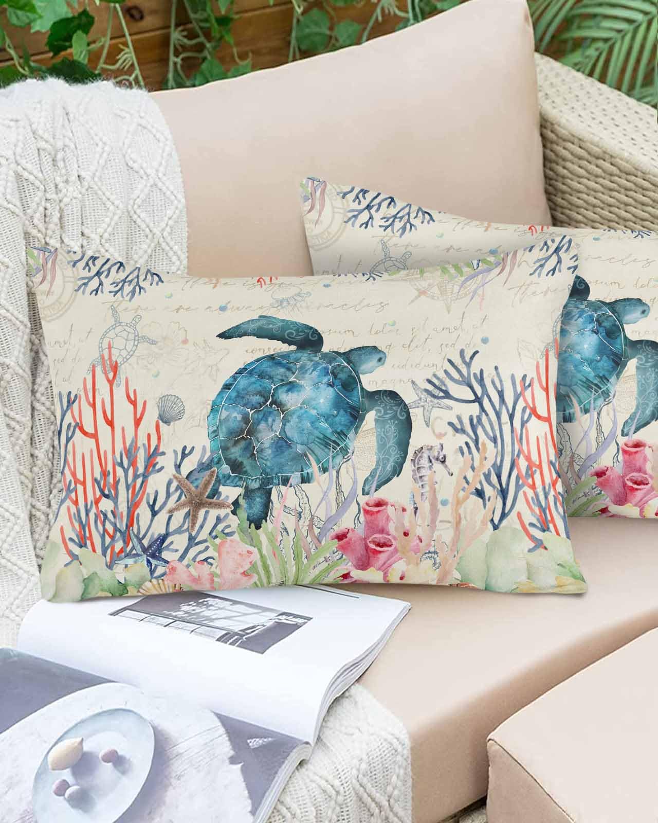 Boanket Lumbar Pillow Covers 12 x 20 in, Sea Turtle Waterproof Throw Pillow Cover Set of 2, Summer Beach Coral Nautical Coastal Vintage Home Decorative Rectangle Cushion Covers for Patio/Couch/Garden