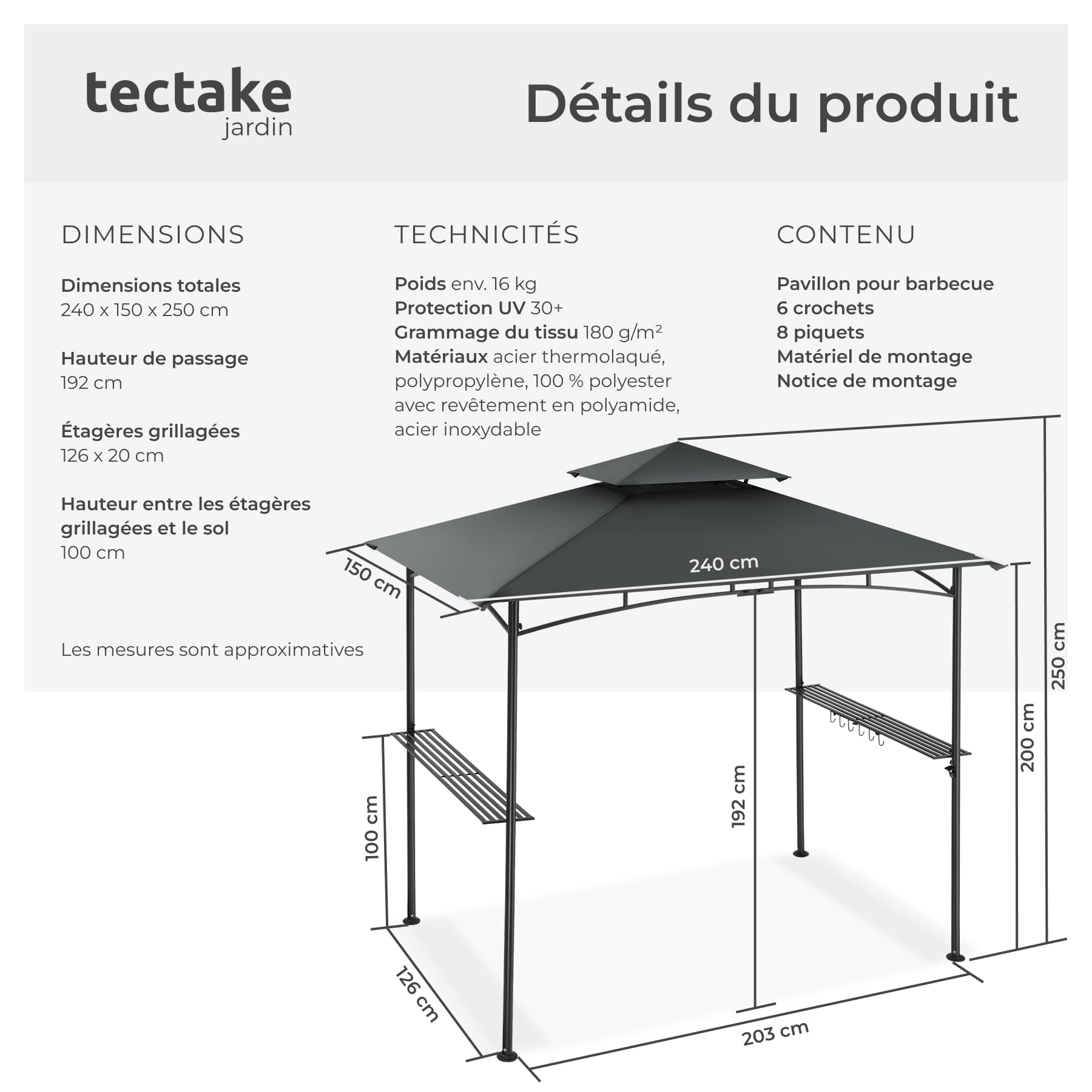 tectake® Abri de Jardin pour Barbecue Charbon, Barbecue Electrique, Plancha, Cuisine exterieure, 240x150x250 cm, Abri Barbecue Toile étanche, Protection UV, Double toiture, Résistant aux intempéries