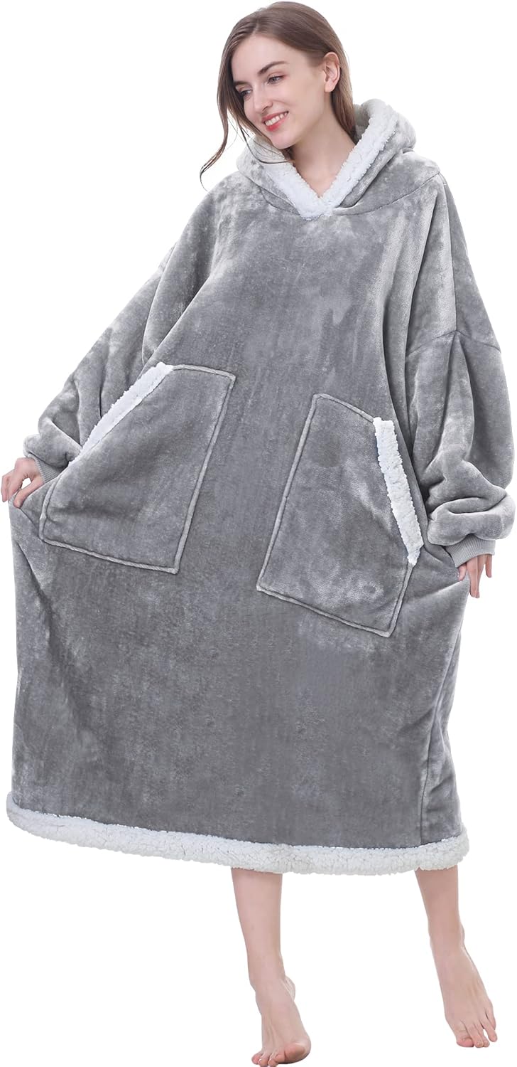 Kipswiza Wearable Blanket Hoodie Sweatshirt Gifts for Women and Men, Long Cozy Warm Sherpa Hooded Blankets with Giant Pockets - Light Grey