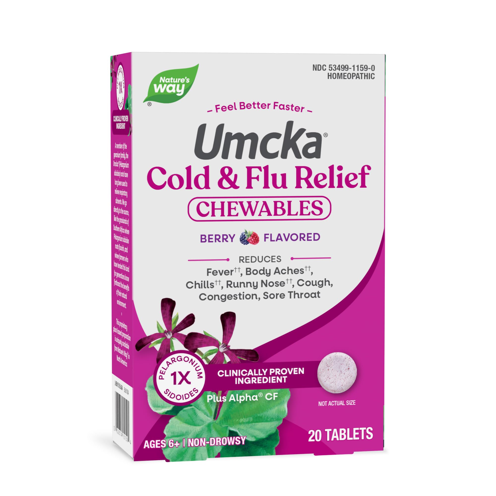 Nature’s Way Umcka Cold and Flu Relief Chewables, Non-Drowsy Multi-Symptom Relief, Homeopathic Cold Medicine & Remedy, Shortens & Reduces Severity of Colds, Berry-Flavored Cold & Flu Tablets, 20 Count