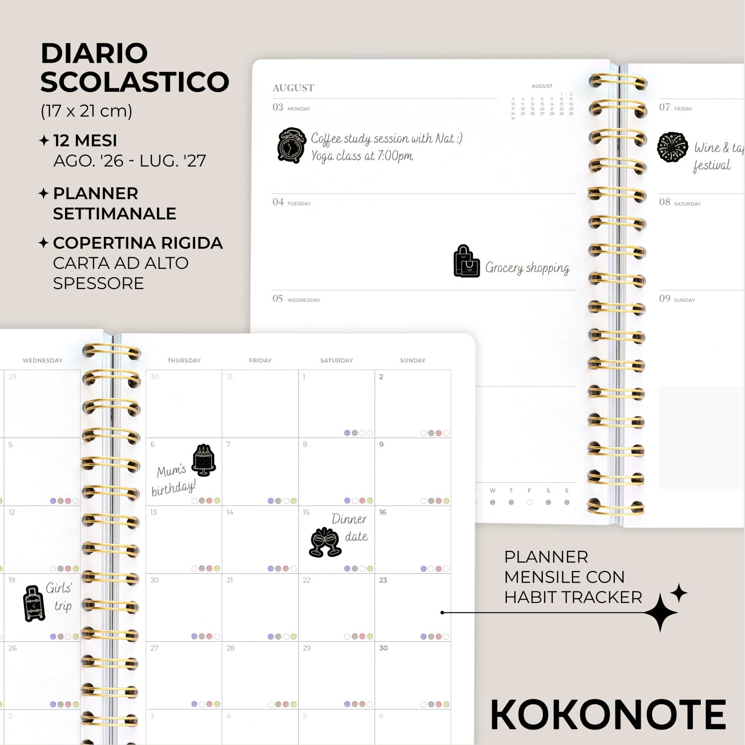 Kokonote Agenda Settimanale 2026 2027 Seasonal Flowers - Diario Scoula 2026-2027 per Università e Scuola Superiore | Weekly Planner con Copertina Rigida, Segnalibri e Stickers (17x21,5 cm)