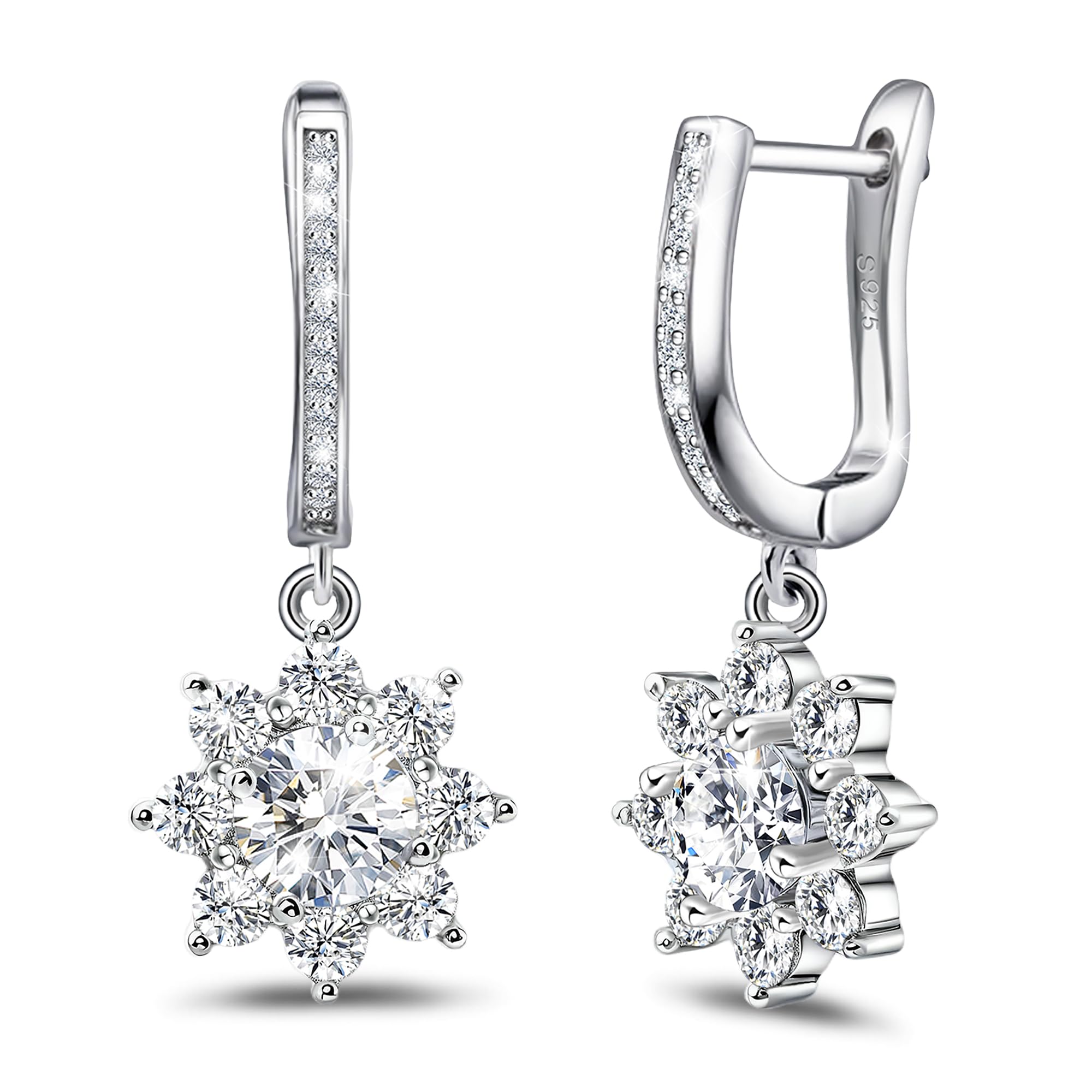 Dangle Hoop Earrings with CZ Charm for Women Sterling Silver Flower Hoop Earrings Delicate Dainty Cubic Zirconia Drop Dangle Earrings for Wife Mom