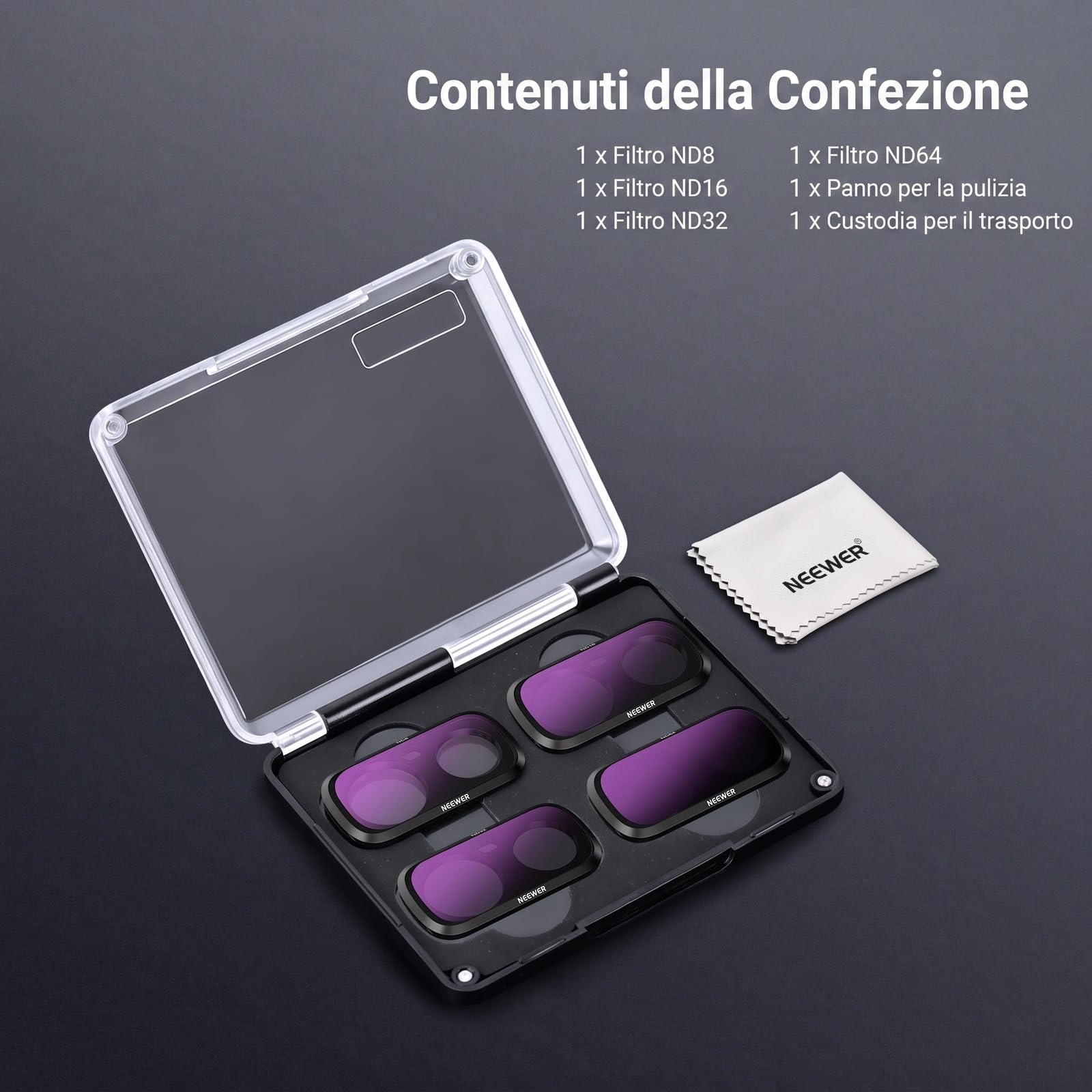 NEEWER Set di Filtri ND Solo Compatibile con Insta360 Luna Ultra, ND8+ND16+ND32+ND64, HD Filtri a Densità Neutra per Obiettivo di Action Camera Gimbal, Kit di Accessori Fotografici, FL-L01