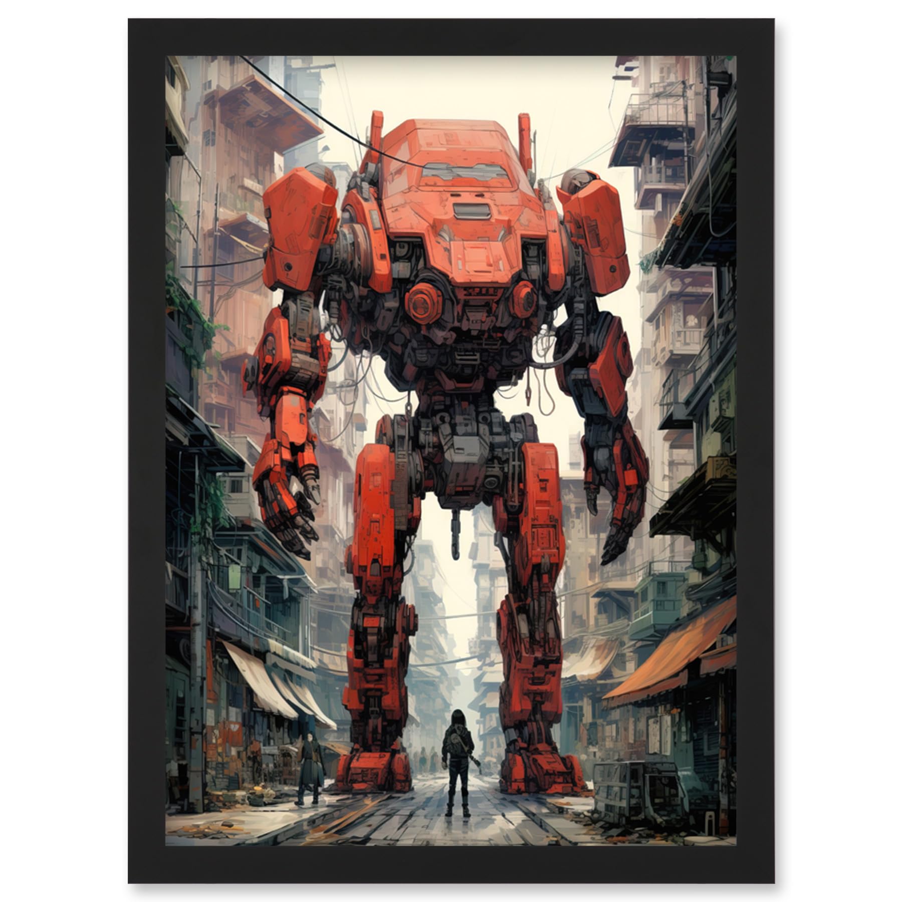 Red Mecha Robot Anime Sci-Fi Wall Art Print - Giant Humanoid Machine Fantasy Artwork - Framed A4