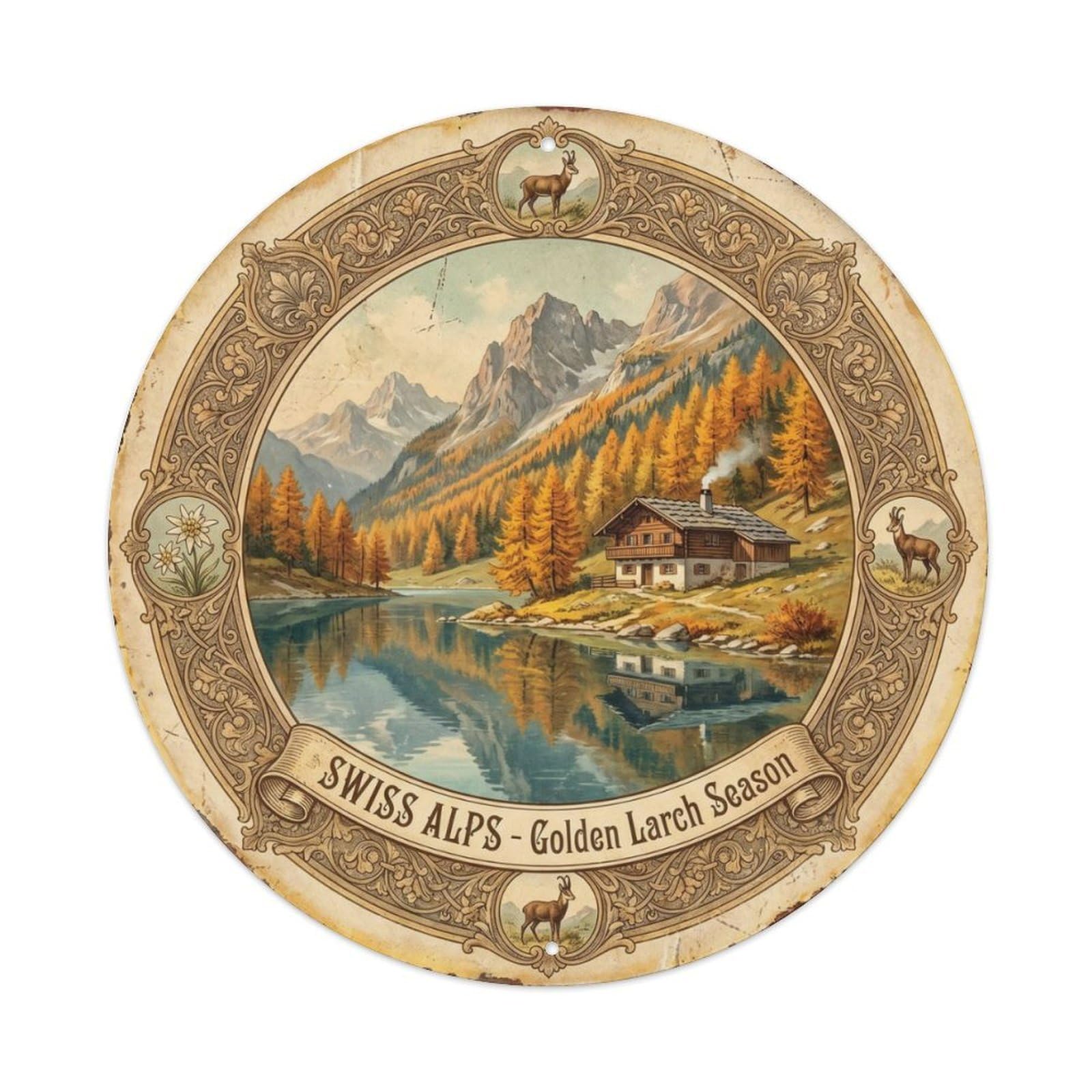 Vintage Travel Swiss Alps Golden Larch Metal Tin Sign Plaque Wall Decor for Cafe, Club Bar, Office, Home Garden Round Metal Poster 8x8Inch
