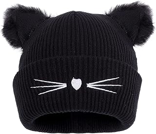LUCKYBUNNY Women Girls Cute Cat Ears Beanie Hat Winter Crochet Knit Cap Black