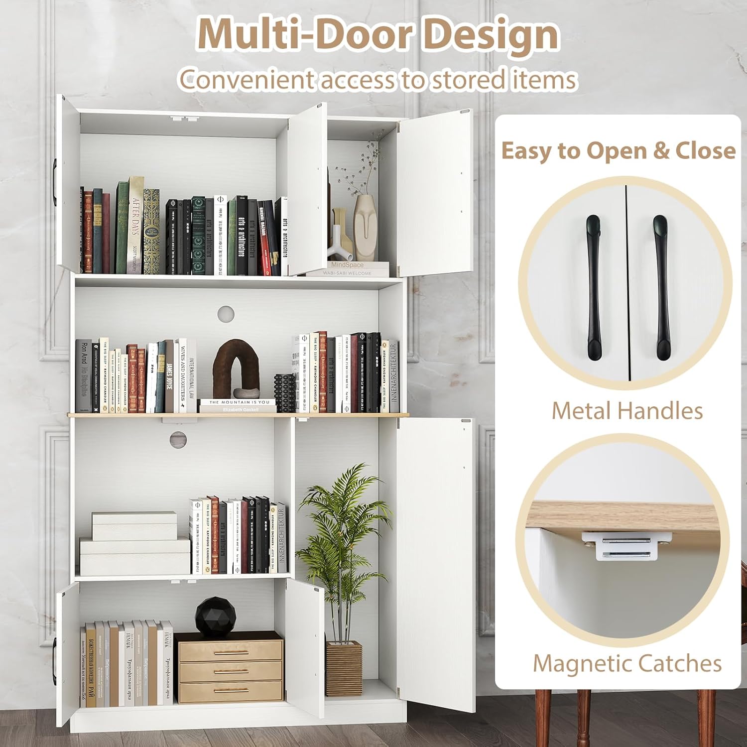 LOKO 71” Tall Kitchen Pantry Cabinet with Charging Station, Wooden Buffet Cupboard Sideboard with Microwave Stand & Doors, Modern Storage Cabinet for Dining Room, Living Room (White)