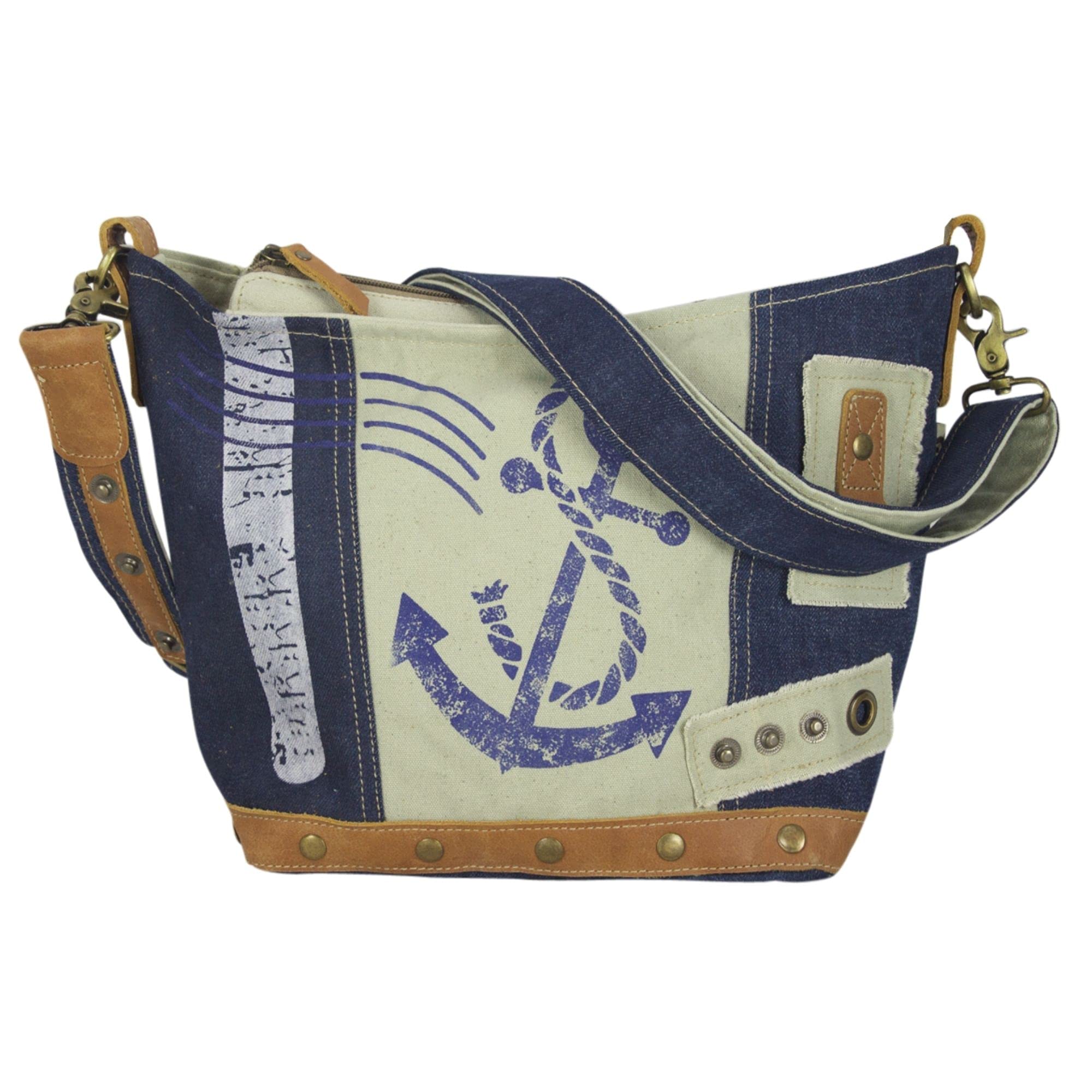Sunsa Maritim Umhängetasche. Nachhaltige Damen Schultertasche. Beige/blau