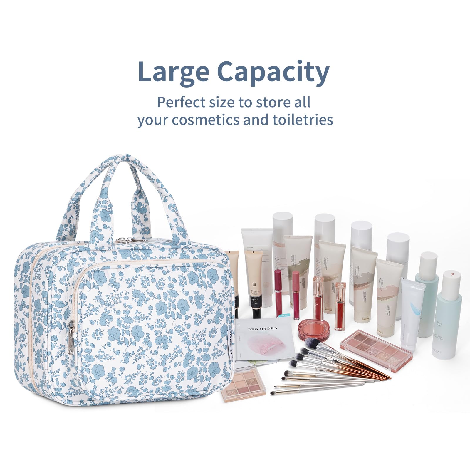 Narwey Large Hanging Travel Toiletry Bag for Women Wash Bag Cosmetics Makeup Bag Organizer for Full Size Accessories (Little Blue Flower (Large)) — view 8