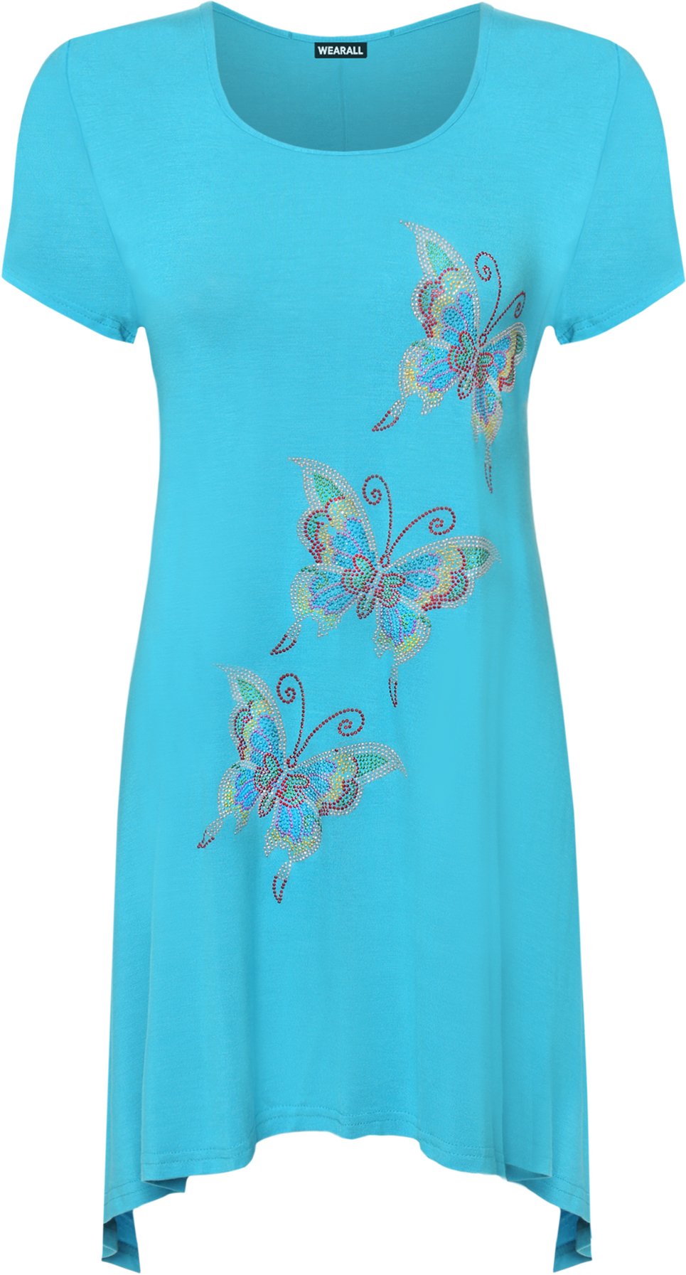 WearAll Women's Butterfly Sequin Stud Long Swing Hanky Hem Short Sleeve Top - Turquoise - 20
