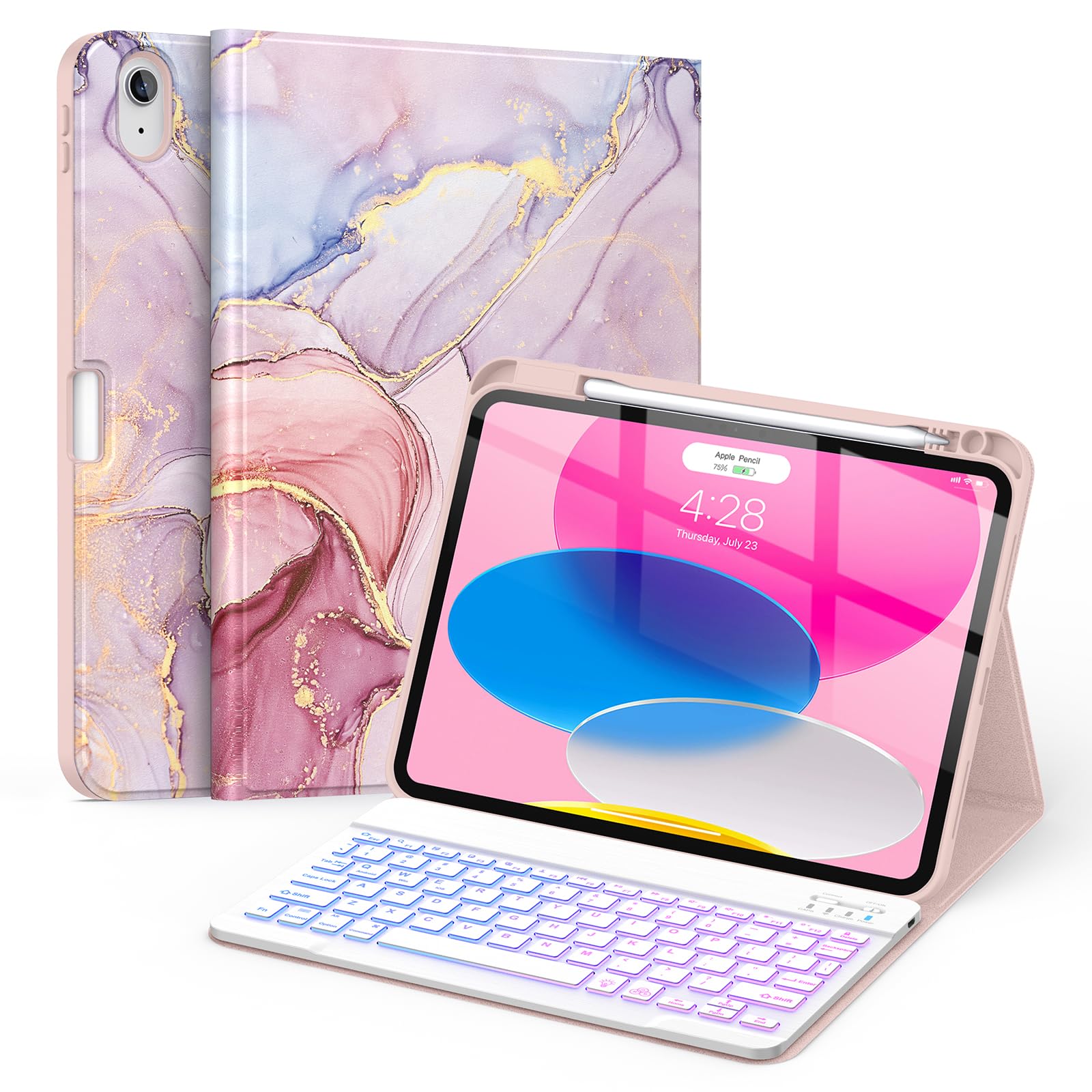 Soke for iPad (A16) 11th/10th Generation Case with Keyboard(2025/2022)-7 Color Backlight Wireless Detachable Folio Keyboard Cover with Built-in Pencil Holder for iPad 11/10.9 inch, Dreamy Marble
