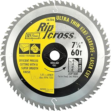 IVY Classic 36206 Ripcross 7-1/4" 60 Tooth Ultra Thin Kerf Carbide Circular Saw Blade with 5/8" Diamond Arbor, 1/Card