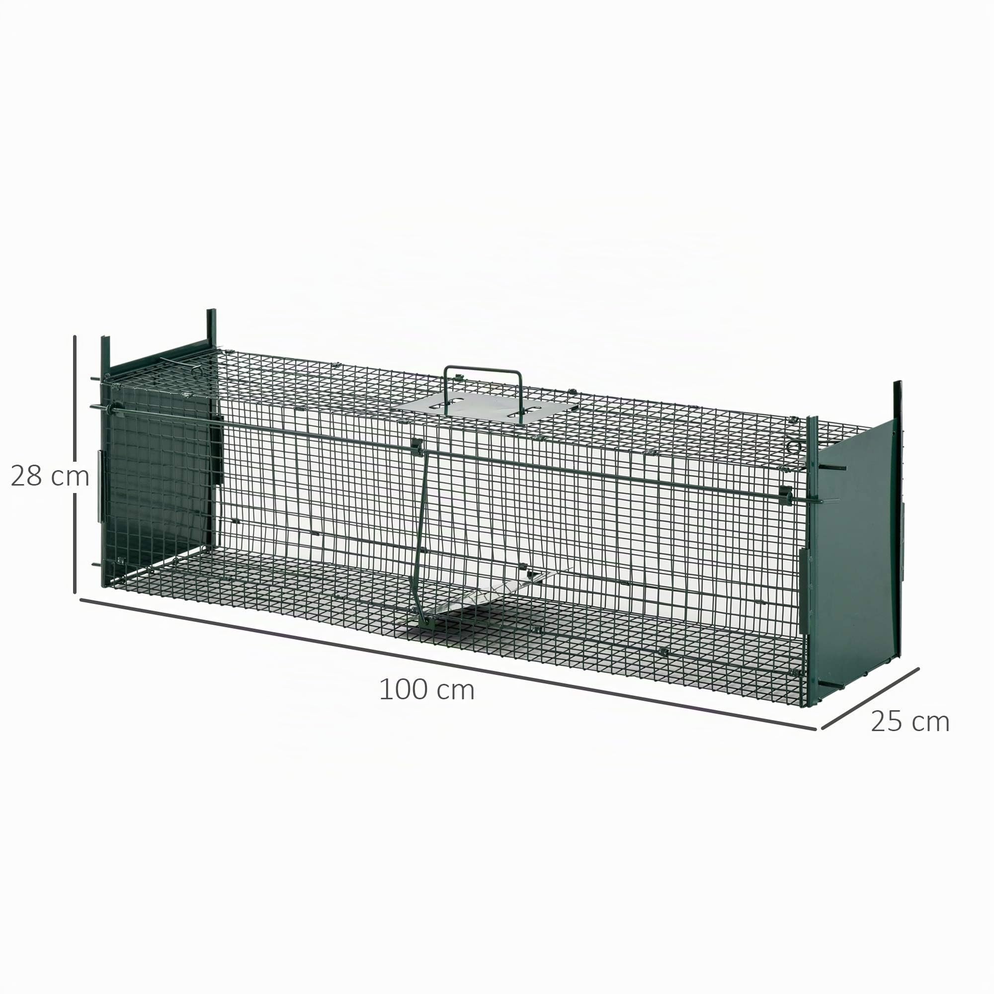 PawHut Tierfalle Marderfalle Fangfalle für Kaninchen Katzenfalle Ratte 2 Eingänge Griff Metall Dunkelgrün 100L x 25B x 28H cm