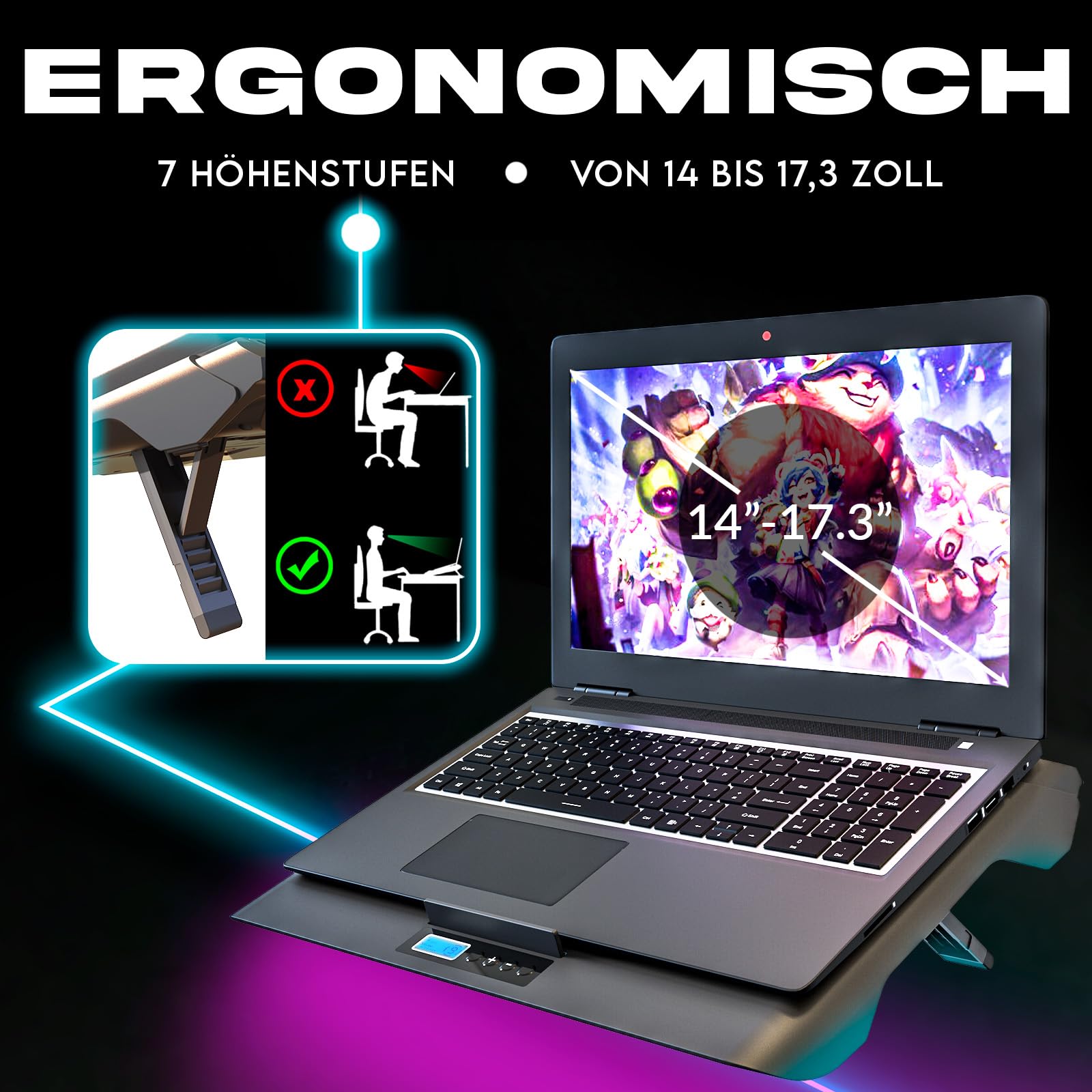 KLIM Everest Laptop Cooling Pad | Leistungsstarker Turbo-Lüfter 4300 RPM Laptop-Kühler | Versiegelter Schaumstoff für maximale Leistung | Vermeide Überhitzung | 14-17.3 Zoll
