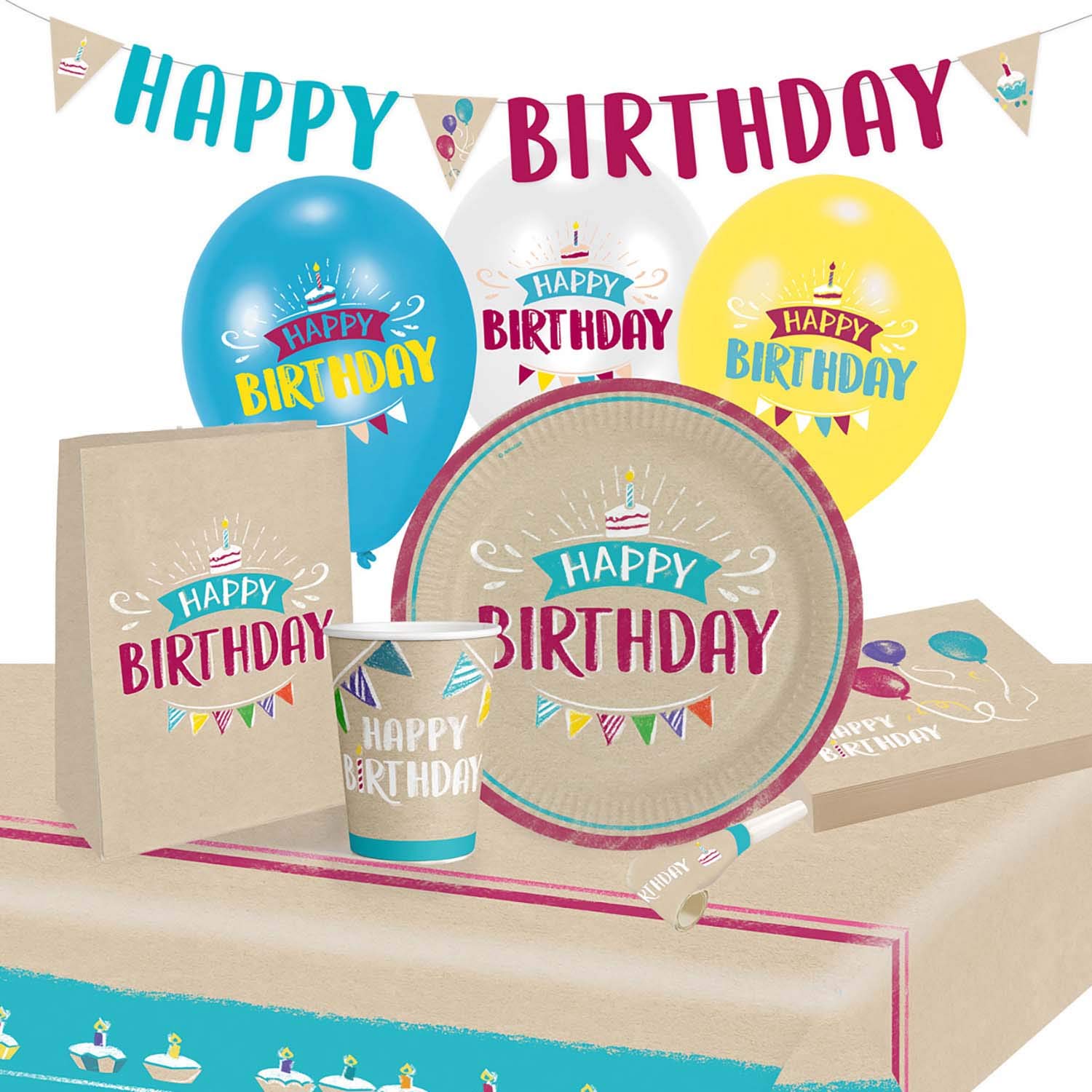 Amscan 9050 0373 - zestaw My Birthday Party z: 8 talerzy 23 cm, 8 kubków 250 ml, 20 serwetek 33 x 33 cm, obrus 115 x 175 cm, 4 worki/naklejki, girlanda 180 cm, 8 trąbek, 6 balonów 27,5 cm/11"