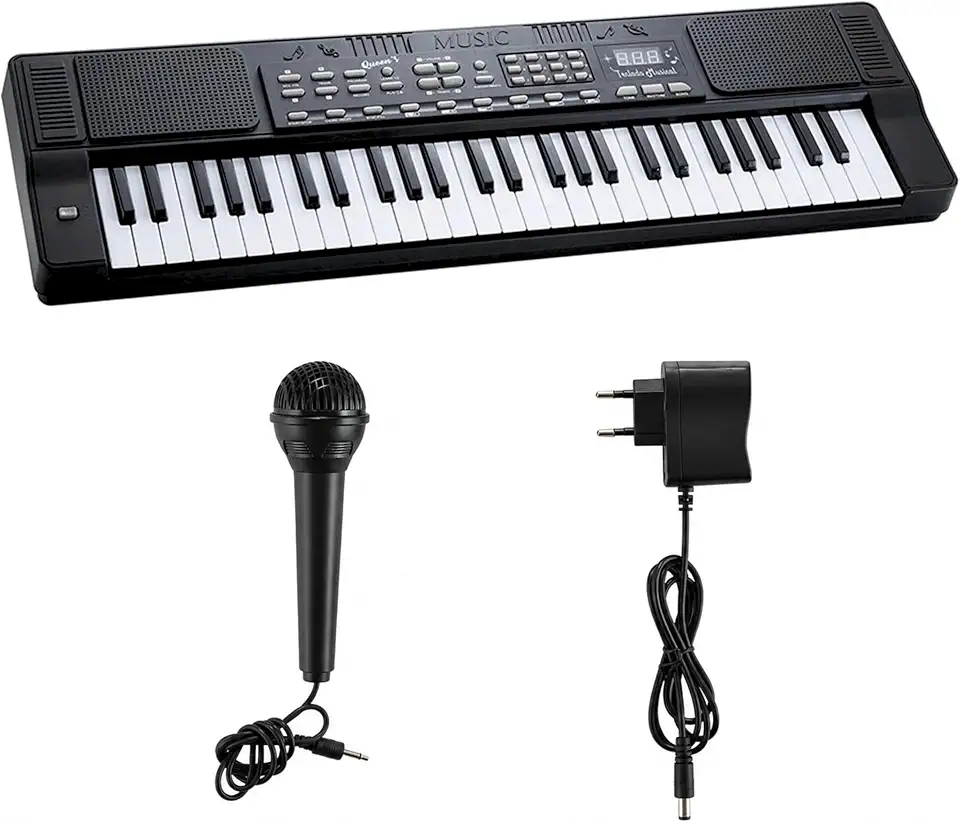 Teclado Musical Eletrônico Queen's 54 Teclas com Microfone, 200 Timbres, 200 Ritmos, Gravação, Modos Learn, Display LED, Iniciantes e Intermediários