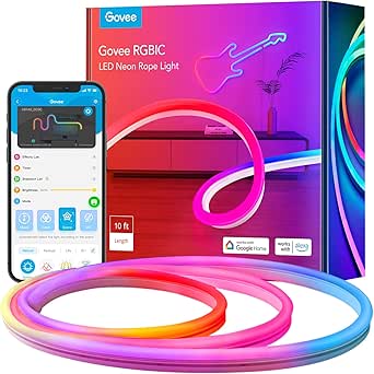 Govee RGBIC Neon Rope Light, 10ft LED Strip Lights, Music Sync, DIY Design, Works with Alexa, Google Assistant, Neon Lights for Gaming Room Living Bedroom Wall Decor (Not Support 5G WiFi)