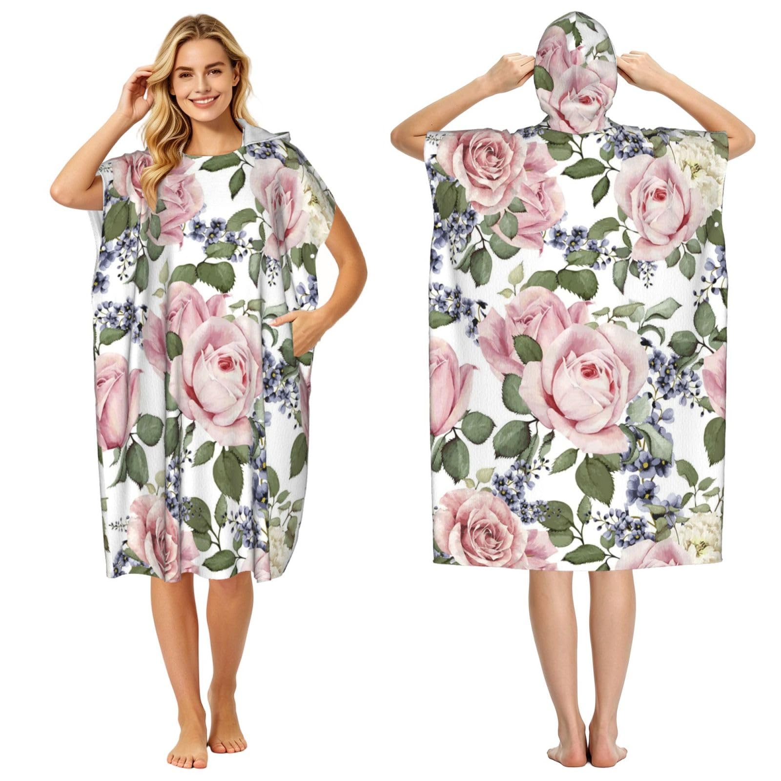 Poadnly Flourishing Pink Rose, Adult Hooded Beach Towel 90 x 110 cm,Changing Bath Robe, Surf Poncho Towel For Women Men