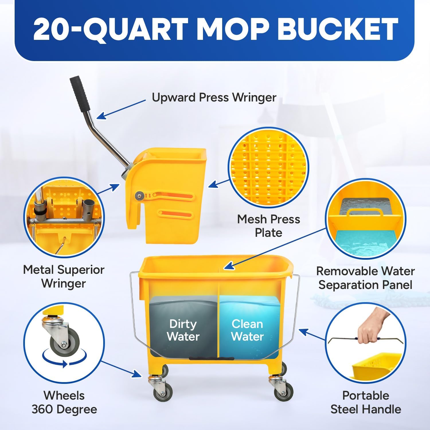 Mop Bucket with Wringer on Wheels Small 5 Gallon, Heavy Duty Dual Chamber Industrial Mop Bucket Separate Dirty Water, Perfect for Business Household, 20 Quart Yellow