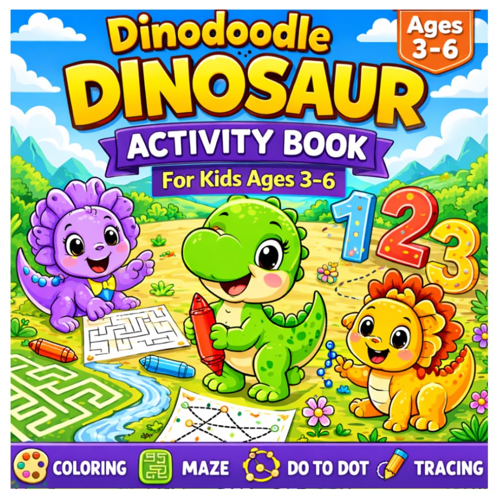 Dinodoodle: Dinosaur Activity Book – Coloring, Mazes, Dot-to-Dot, Tracing & Puzzles for Kids Ages 3–6