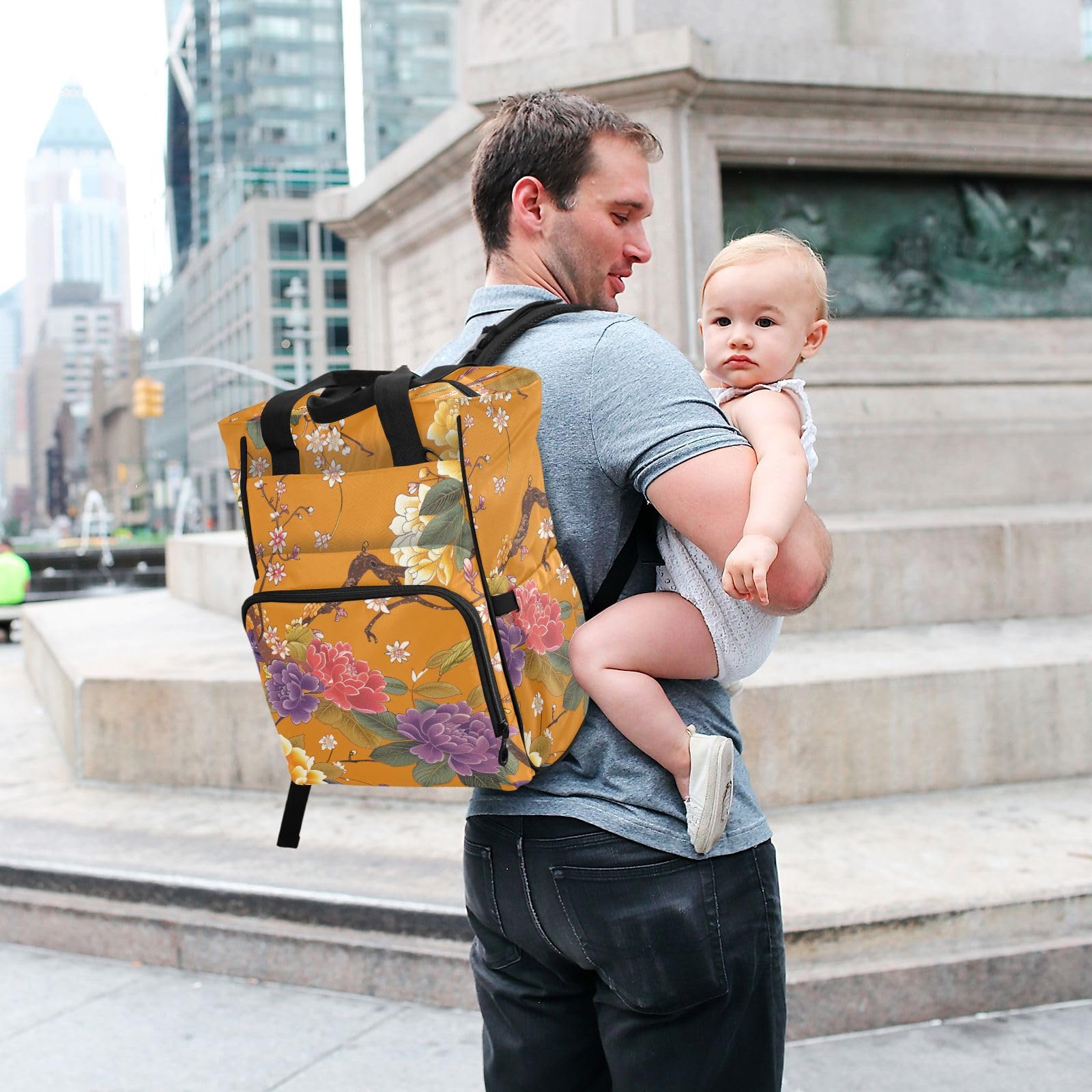 Baby Essentials torba na pieluchy pomarańczowe kwiaty i ptaki