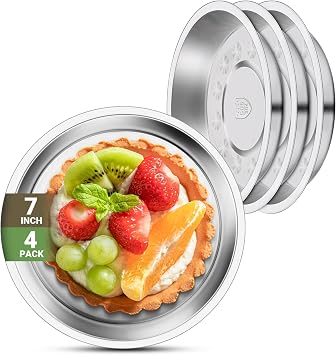 Patterned Deep Stainless Steel Plates, 4 Set 7 inch 30418/8 Metal Food Serving Plate, Reusable Snack Eating Dishes Round Shatterproof Silver Dinnerware for BBQ Dinner Oven Dishwasher Safe