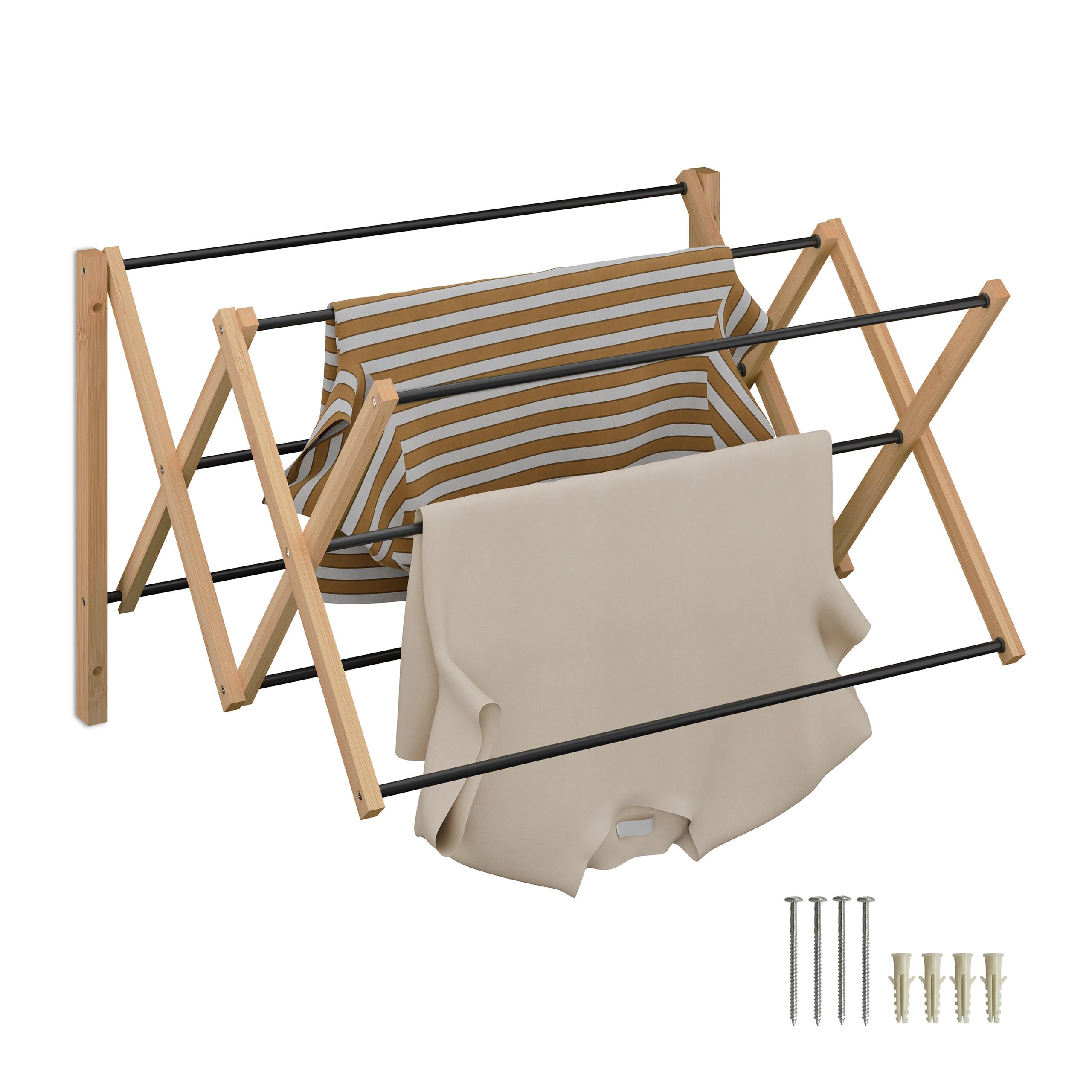 Relaxdays extendable wall-mounted clothes dryer, HxWxD: 45 x 71.5 x 59 cm, bamboo & metal, natural/black