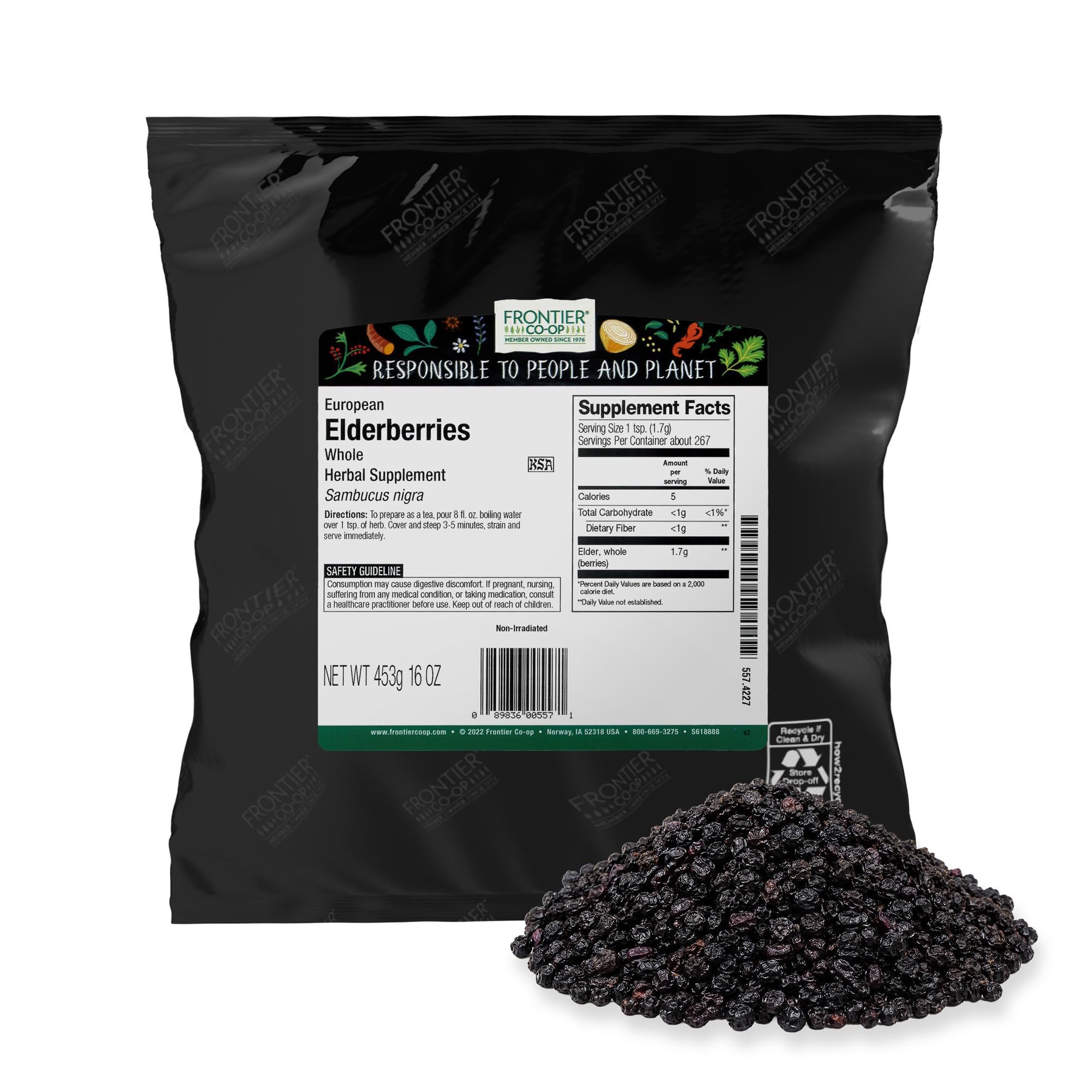 Frontier Co-op Dried Elderberries, European Whole - Non-GMO Elderberry Dried Fruit for Powder, Tea, Immune Support - Kosher | 16 Ounce (Pack of 2) Elderberry 16 Ounce (Pack of 2)