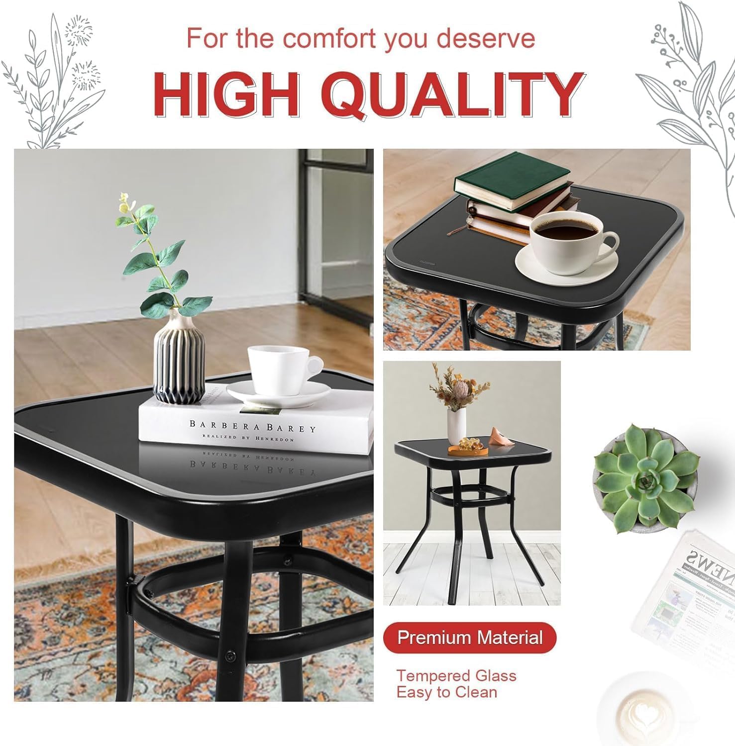 Oakmont Outdoor Furniture 3 Piece Conversation Bistro Set Rocking Chairs and Glass Top Table, Thick Cushions, Black Steel (Red)