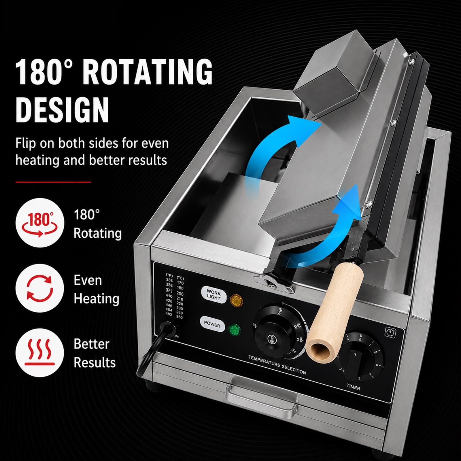 Macchina Professionale Per Waffle Su Stecco Tipo Bubble Waffle, Piastra In Acciaio Inox Antiaderente A 3 Scomparti, Design Girevole A 180°, Timer 0-5 Minuti, Per Bar, Snack Bar E Ristoranti