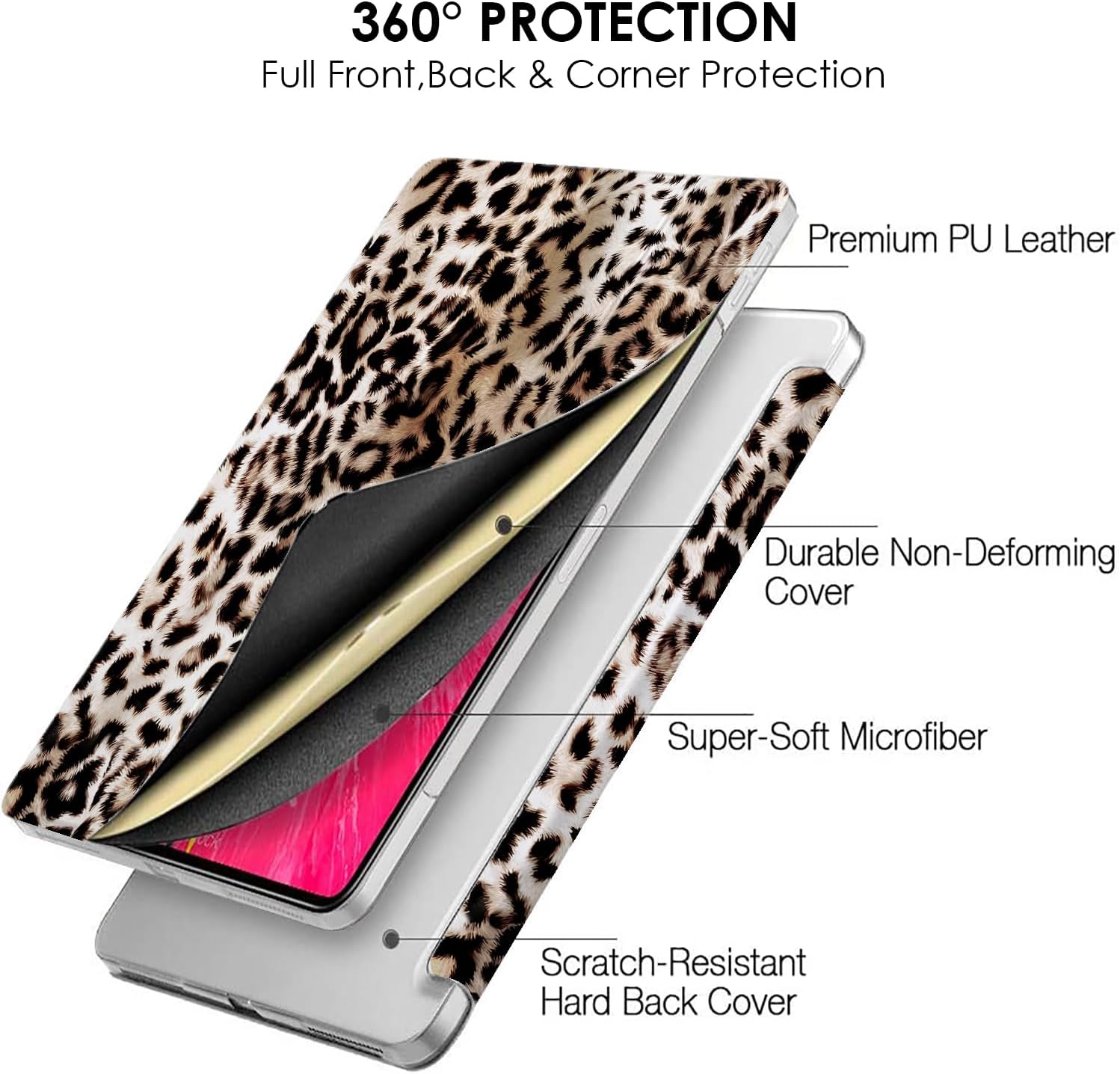 DuraSafe Cases for iPad PRO 11 Inch 2nd 3rd [ PRO 11 2020 2 2021 3 Gen ] A2377 A2459 A2228 A2068 A2230 A1980 A2013 A1934 A1979 Trifold Printed Hard Smart PC Transparent Back Cover - Leopard