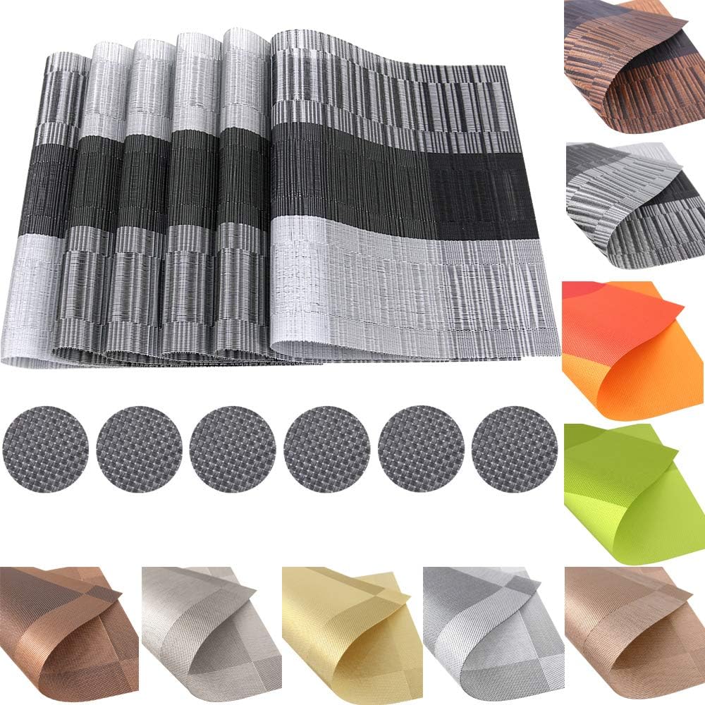 Time to Sparkle Set of 12 PCS Vinyl Woven 6pcs Placemats + 6pcs Coasters Place Mats Non slip Table Mats Waterproof Heat-resistant Dining Table Mats Decor (Black Bamboo)