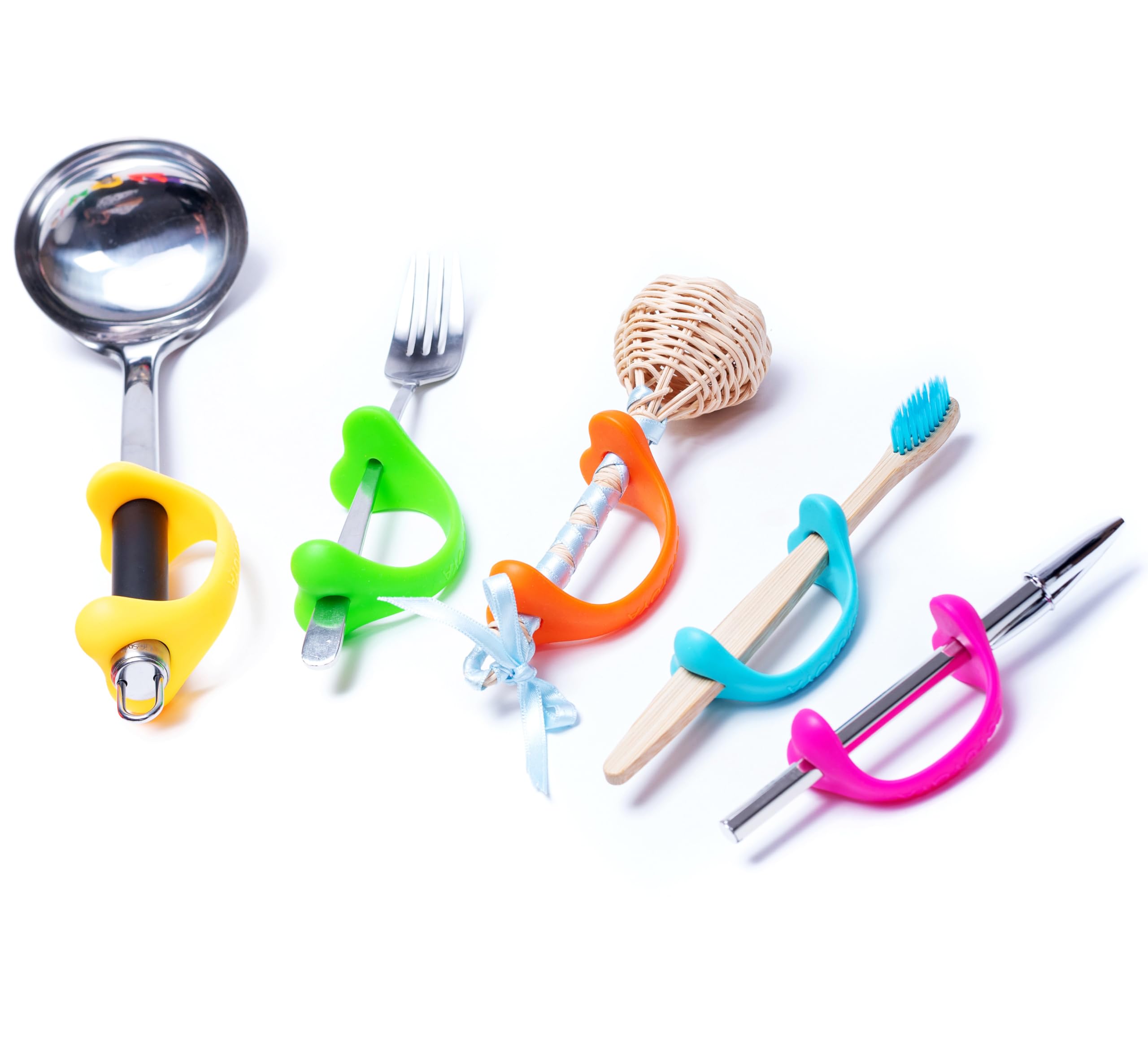 Accessorio (Pack da 5) Bambino – Aiuto alla Presa per Scuola e Gioco – Supporto per Penne, Pennelli e Posate – Autonomia Neonato e Bambino, Silicone Morbido, (Da Neonato a Bambino)
