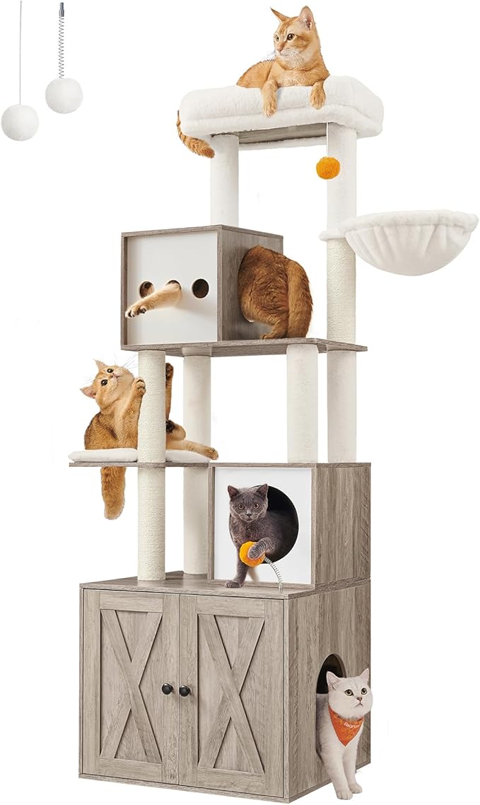 Feandrea Cat Tree with Litter Box Enclosure, 2-in-1 Modern Cat Tower, 70.8-Inch Tall Cat Condo with Scratching Posts, Perch, Caves, Basket, Washable Cushions, Heather Greige UPCT116G01