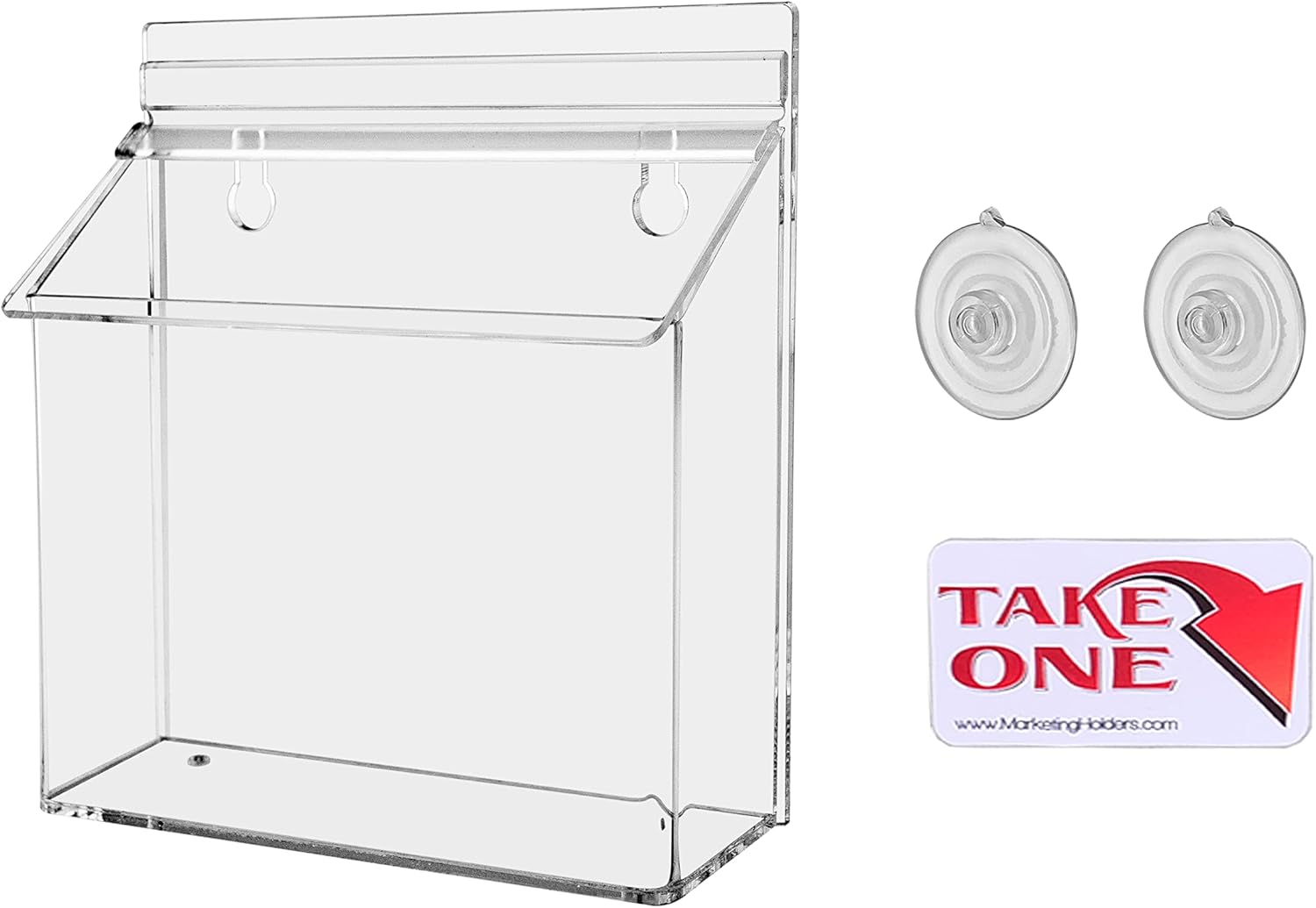 Marketing Holders Suction Cup Outdoor Brochure Holder Holds 7.5 x 5.5 Postcards and Handouts Window or Glass Wall Includes Take One Sticker Clear Acrylic Advertisement Box