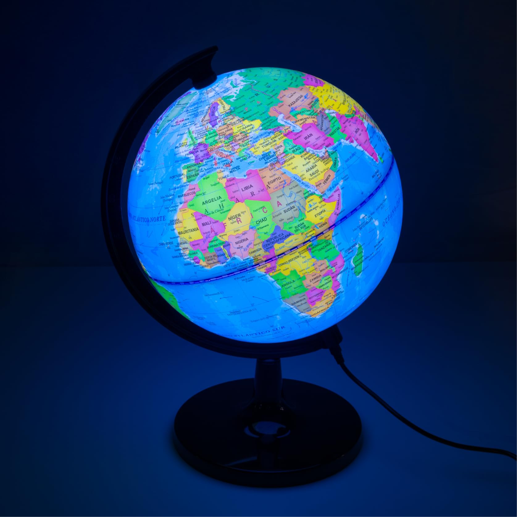 Raylu Paper Globo Terráqueo Azul de 20cm con Luz y Cable USB, Bola del Mundo Iluminada Giratoria en Español con Cartografía y Meridiano, Esfera del Mundo para Aprendizaje y Decorativo (Azul, 20cm)