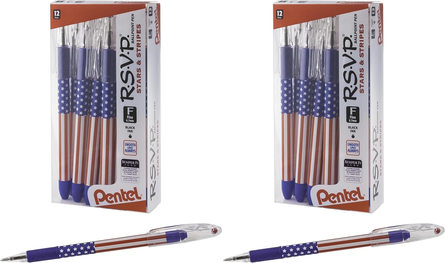 Pentel RSVP Ballpoint Pen, (0.7mm) Fine Line, Flag Barrel, Black Ink,(12 count)- Pack of 2