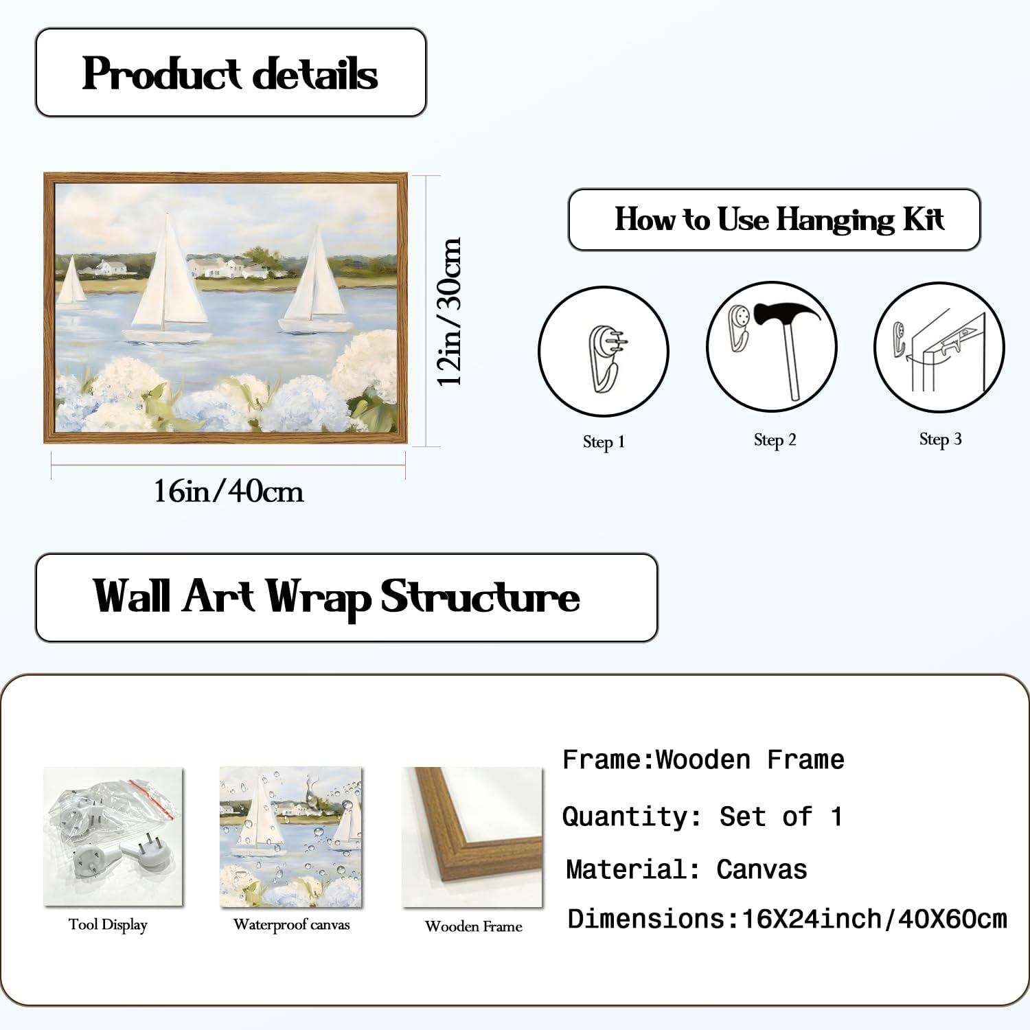 Framed Vintage Hydrangea Floral Wall Art, Blue Coastal Sailboat Pictures Wall Decor, Summer Nautical Landscape Pintings Canvas Prints Artwork for Home Living Room Bedroom 16x24 inch