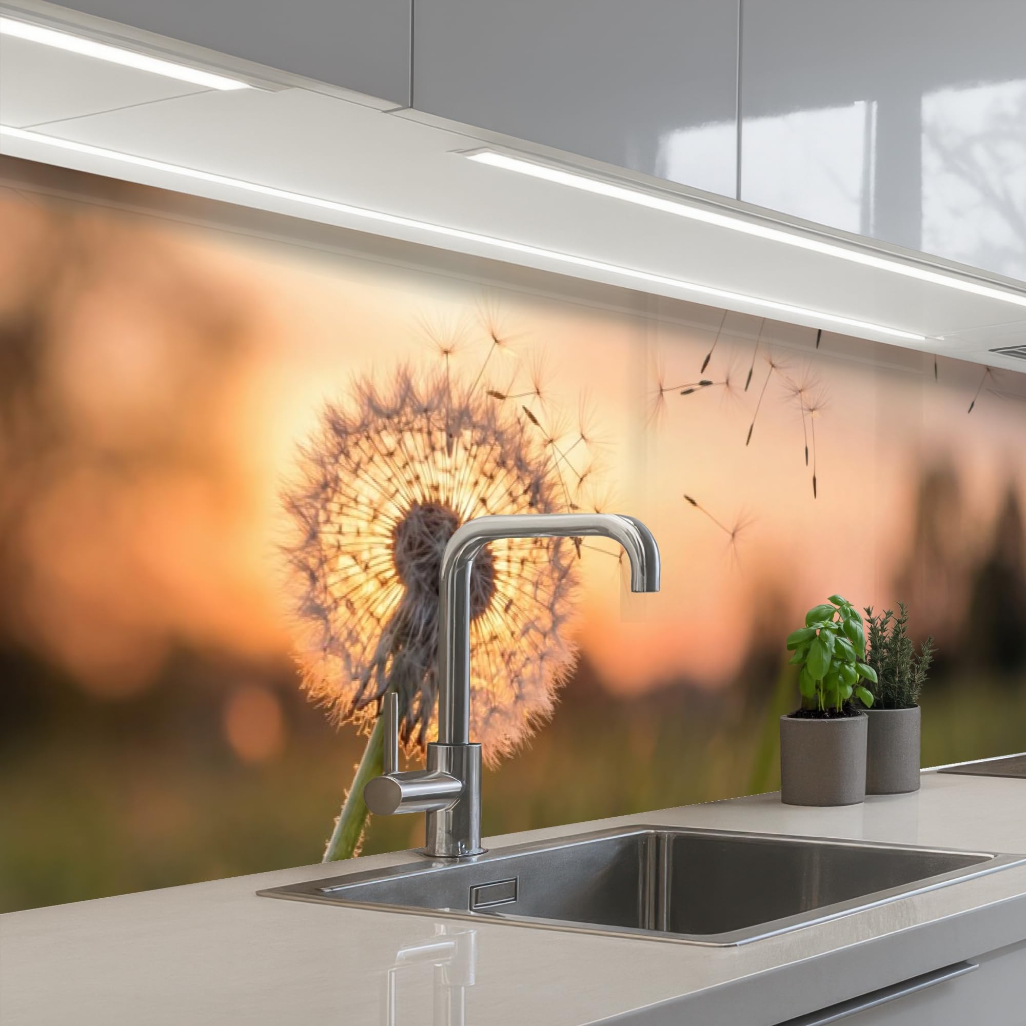 KitchenYeah© Splashback for kitchen 24"x98" / 60x250 cm self-adhesive Wall Protector Splash Back Cooker Backsplash Dandelion - Sunset - Field