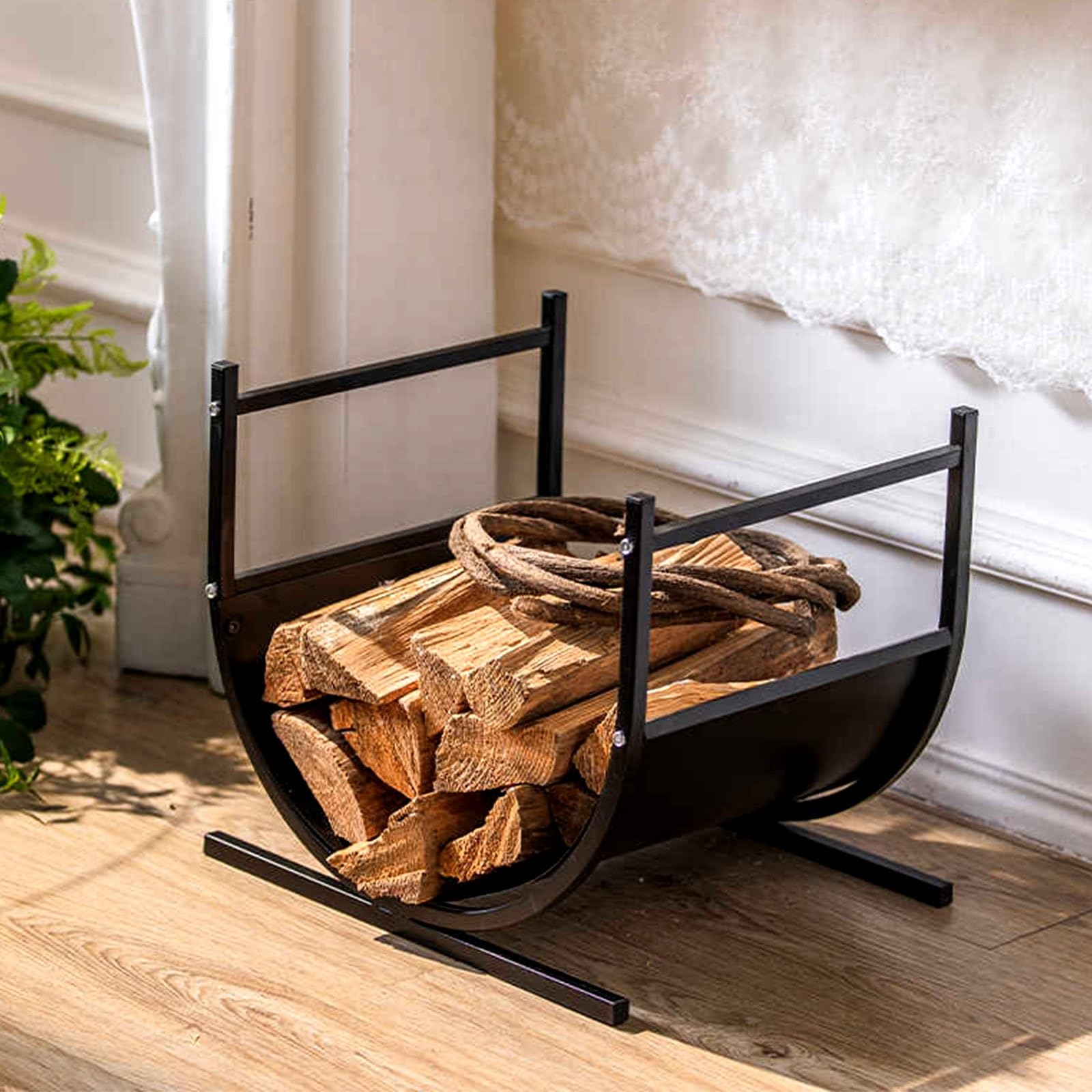 Estante leña Metal, leñeras de Interior, Fuerte Capacidad de Carga, Soporte para Leña de Interior, ventilación, Estante para Troncos Curvado, Fácil de Montar, Uso Interior y Exterior