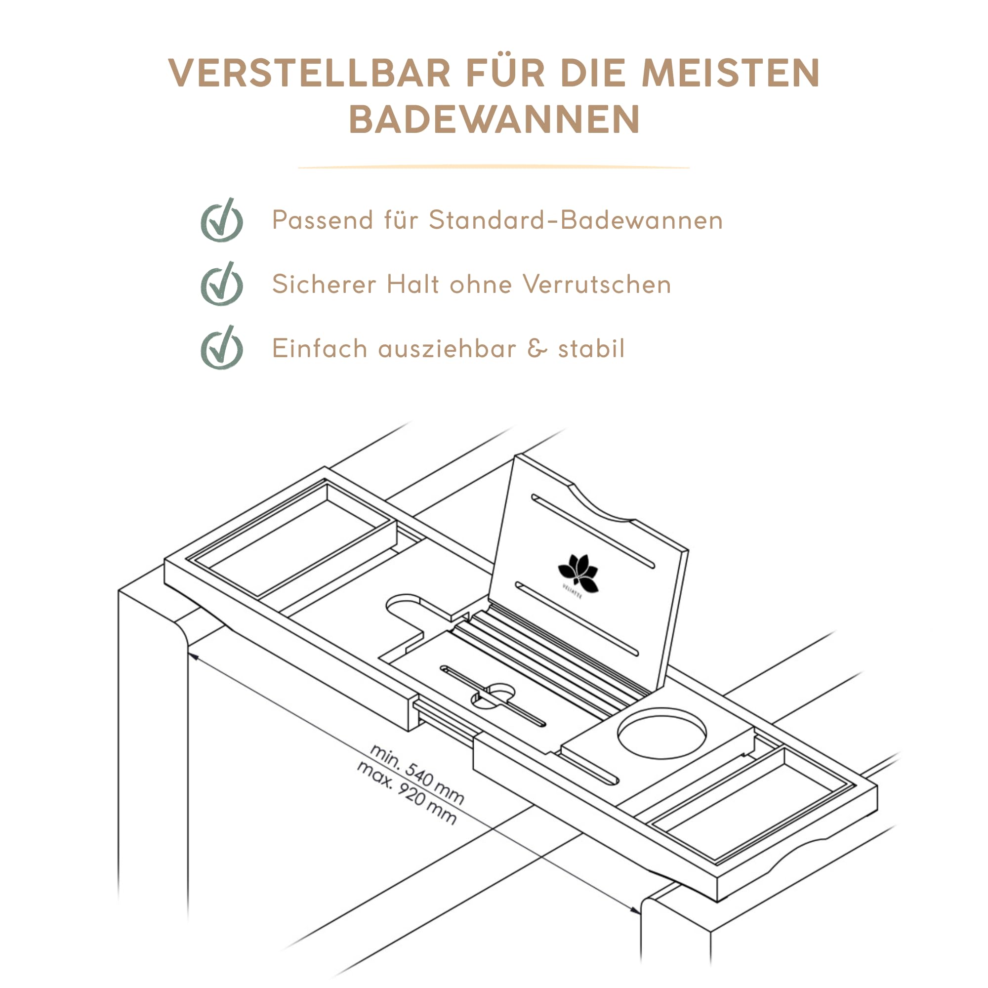 Badewannenablage ausziehbar aus Bambus 70–105 cm – Badewannenbrett mit Tablet- & Buchhalter + Touchscreen-Stift – Badewannentablett verstellbar mit Weinglashalter – Spa Badewannen Zubehör
