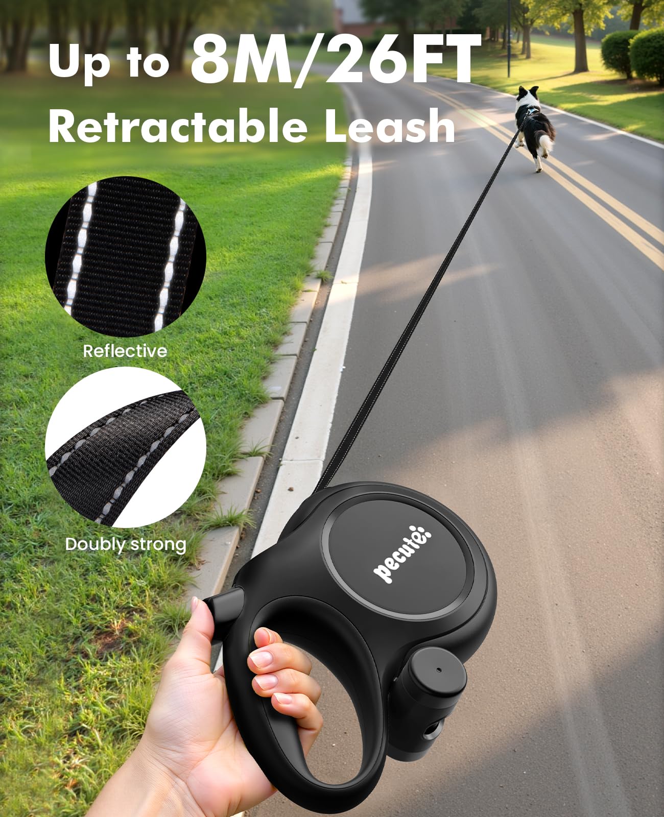 Pecute Guinzaglio per Cani Allungabile 8 metri, Guinzagli Retrattili con Sacchetti Igienici e Porta Sacchetti| Per Passeggiate, Addestramento, Pioggia, Per Cani fino a 15-50 kg, Nero