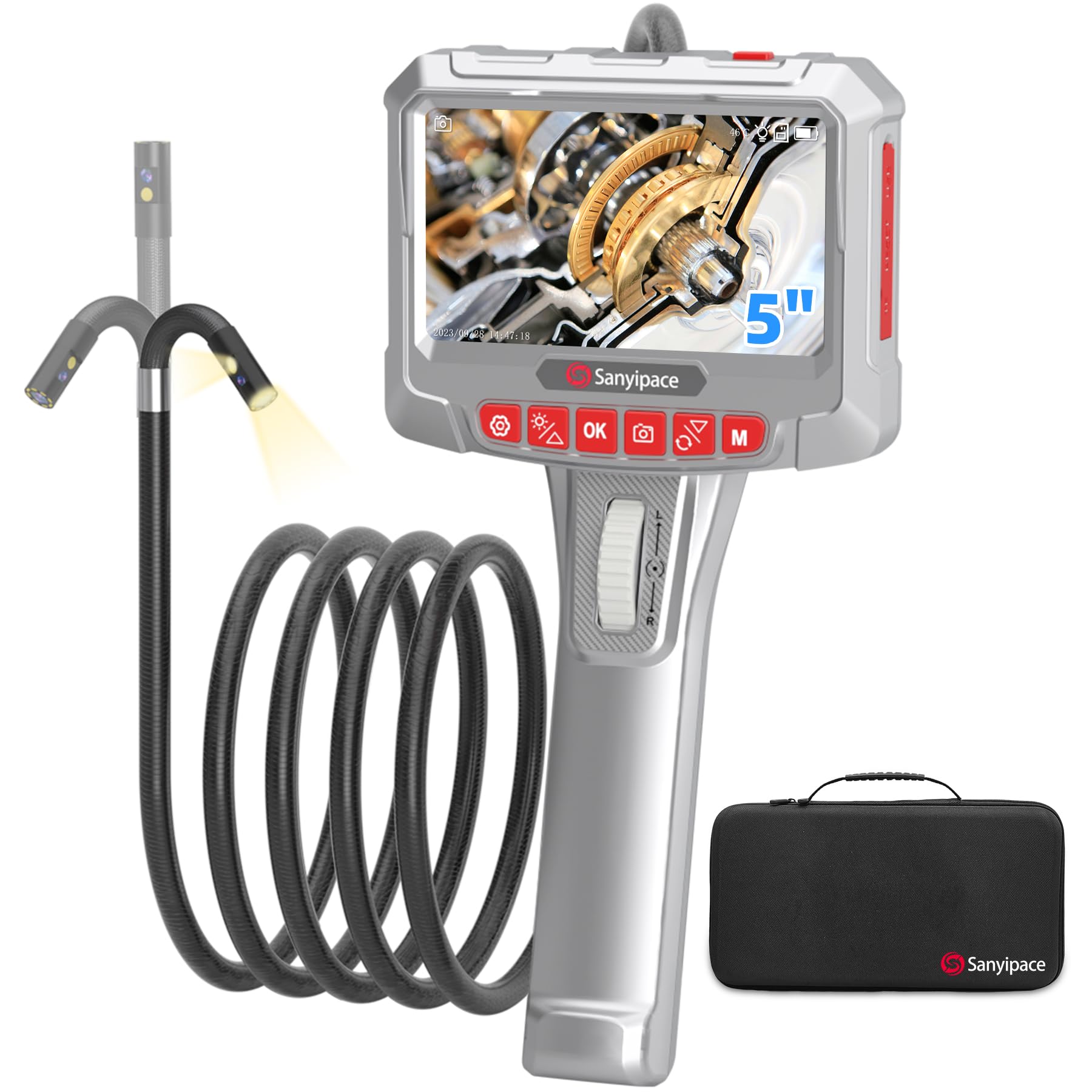Two-Way Articulating Borescope with Light, Dual Lens, 5in IPS