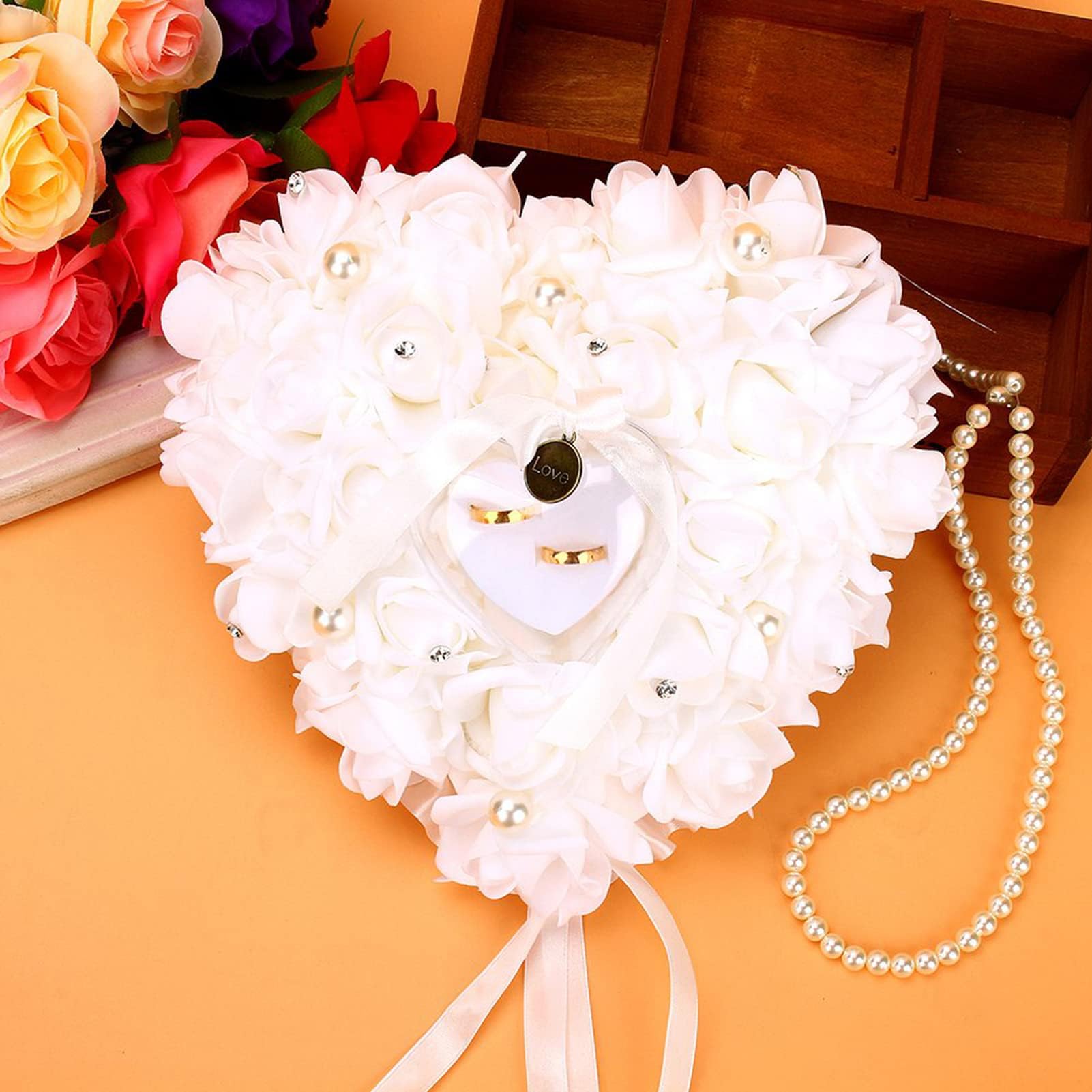 HERCHR Coussin d'alliances, 19x18,5cm/7,5x7,3 Pouces boîte à Fleurs en Dentelle Romantique en Forme de cœur avec Rose étui léger pour alliances de mariée pour cérémonie de Mariage d'anniversaire