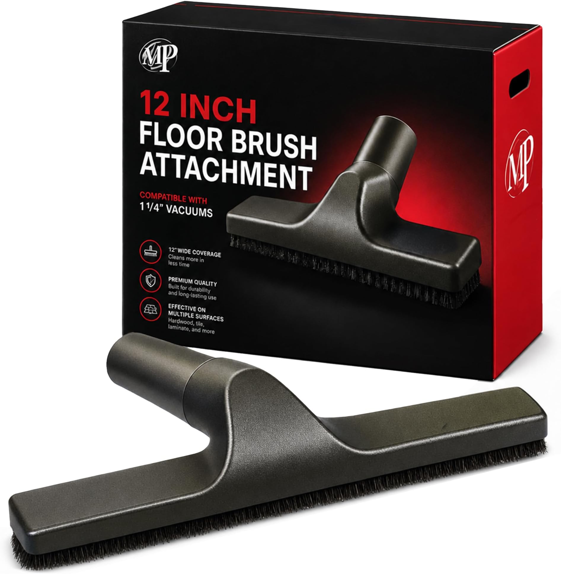 MP Maresh Products Floor Brush Attachment - Horsehair Brush, Black, 12 inch | Hardwood Floor Vacuum, Compatible with 1 /14" Shop Vac, Wall Duster, Baseboard Cleaner Tool, Central Vacuum System Attachment