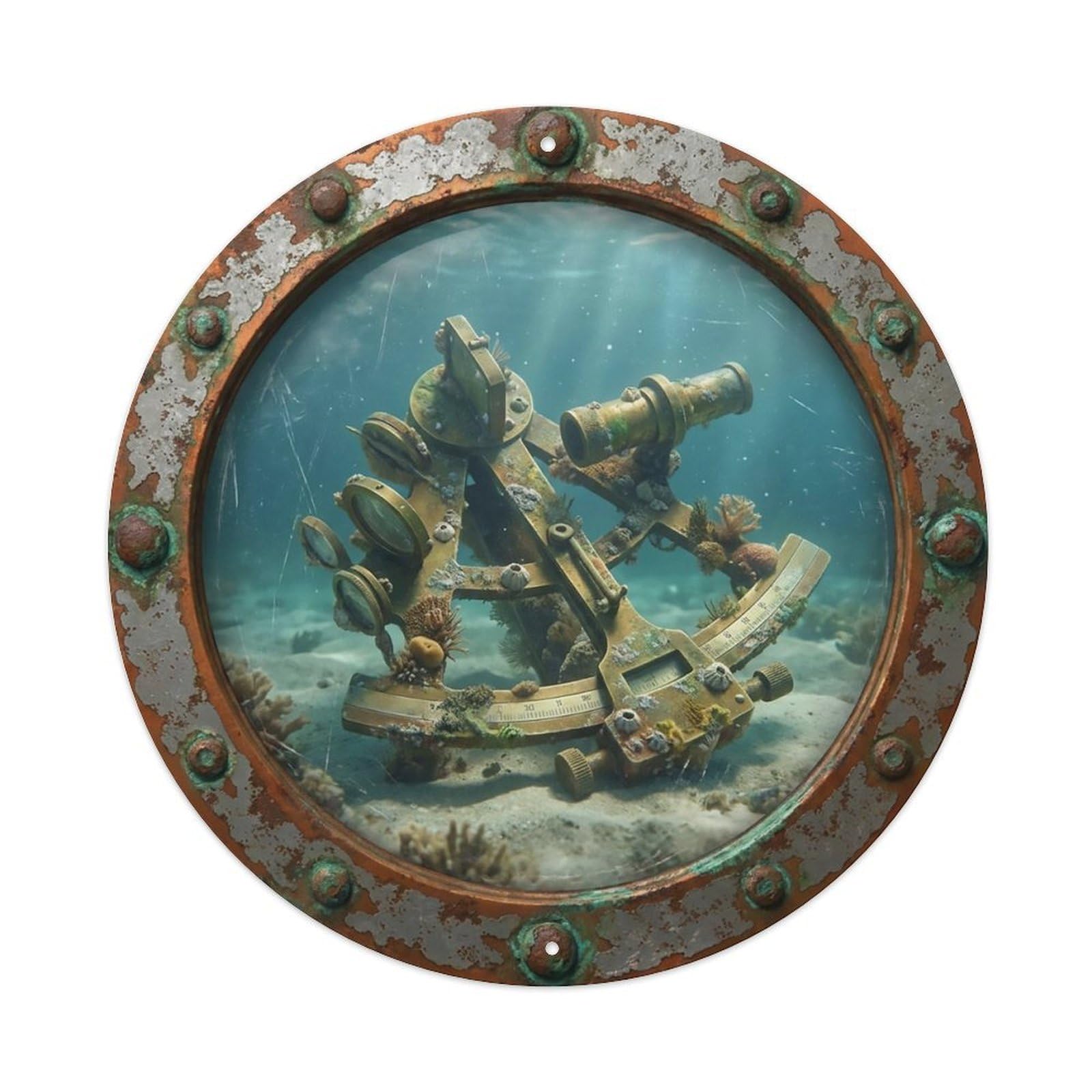 Odgynaw 8X8inch(20X20cm) Vintage Porthole Sunken Sextant Nautical Window View Metal Tin Sign