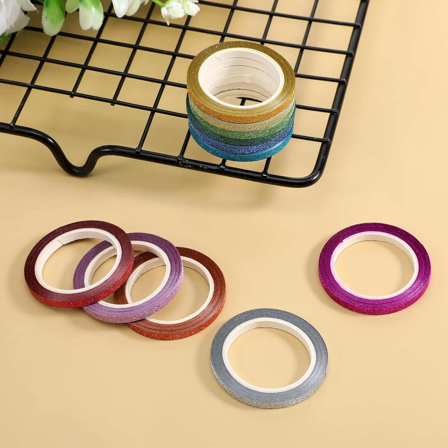 24 Rolls Glitter Washi Tape Slim, 3mm Thin Colored Masking Tape Set Washi Tapes Set Skinny Thin Decorative Colored Washis Craft Tapes, Metallic Foil Glitter Decorative CraftTape for Journal DIY